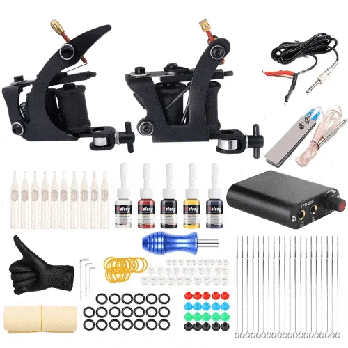 17 PCS Tatarist Complete Tattoo Kit, Including 2 Tattoo Machines, 5 Colors of Ink, and 20 Needles