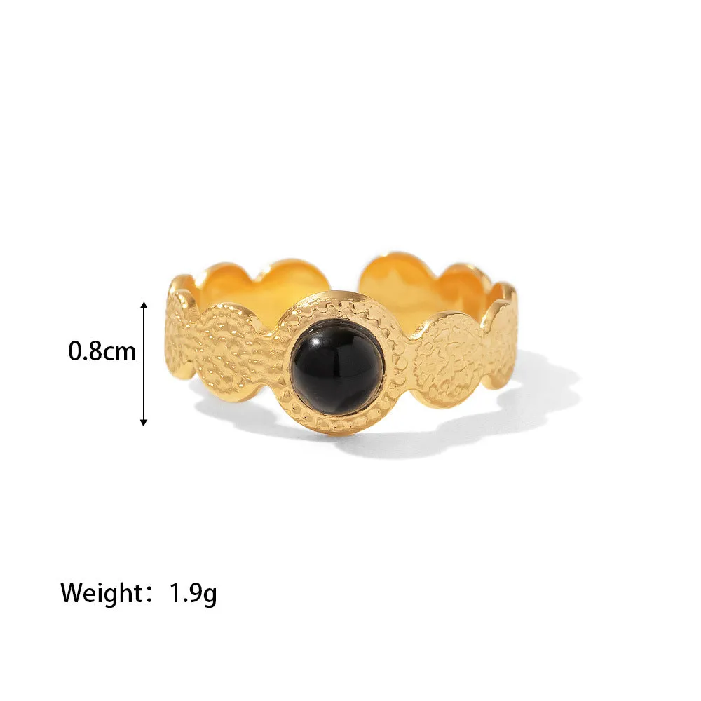 18K Gold Plated Delicate Hammer Texture Set Natural Stone Ladies Open Ring