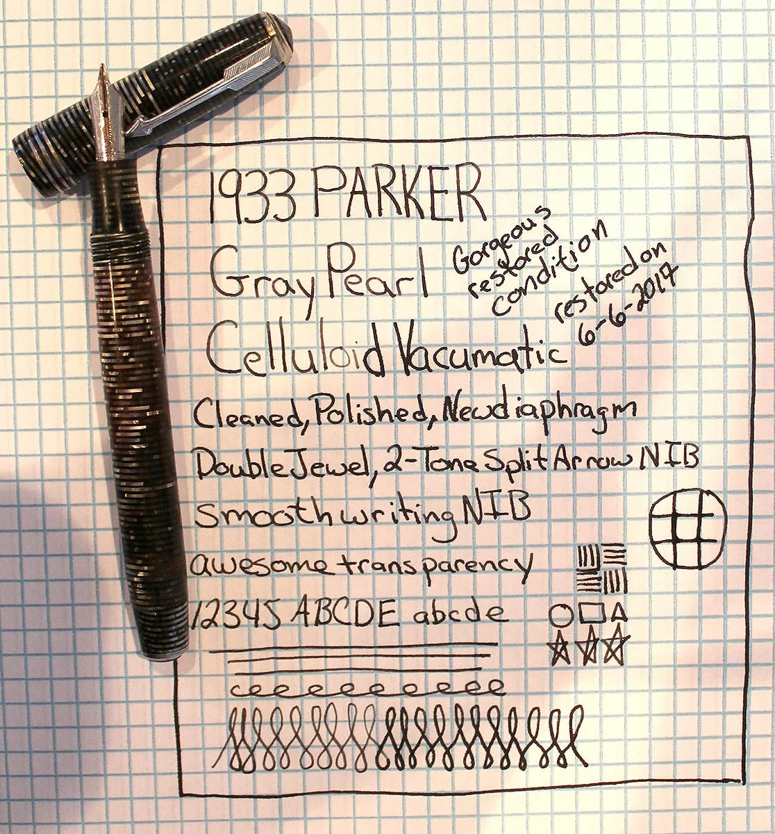 1933 PARKER GRAY PEARL DOUBLE JEWEL VACUMATIC FOUNTAIN PEN RESTORED