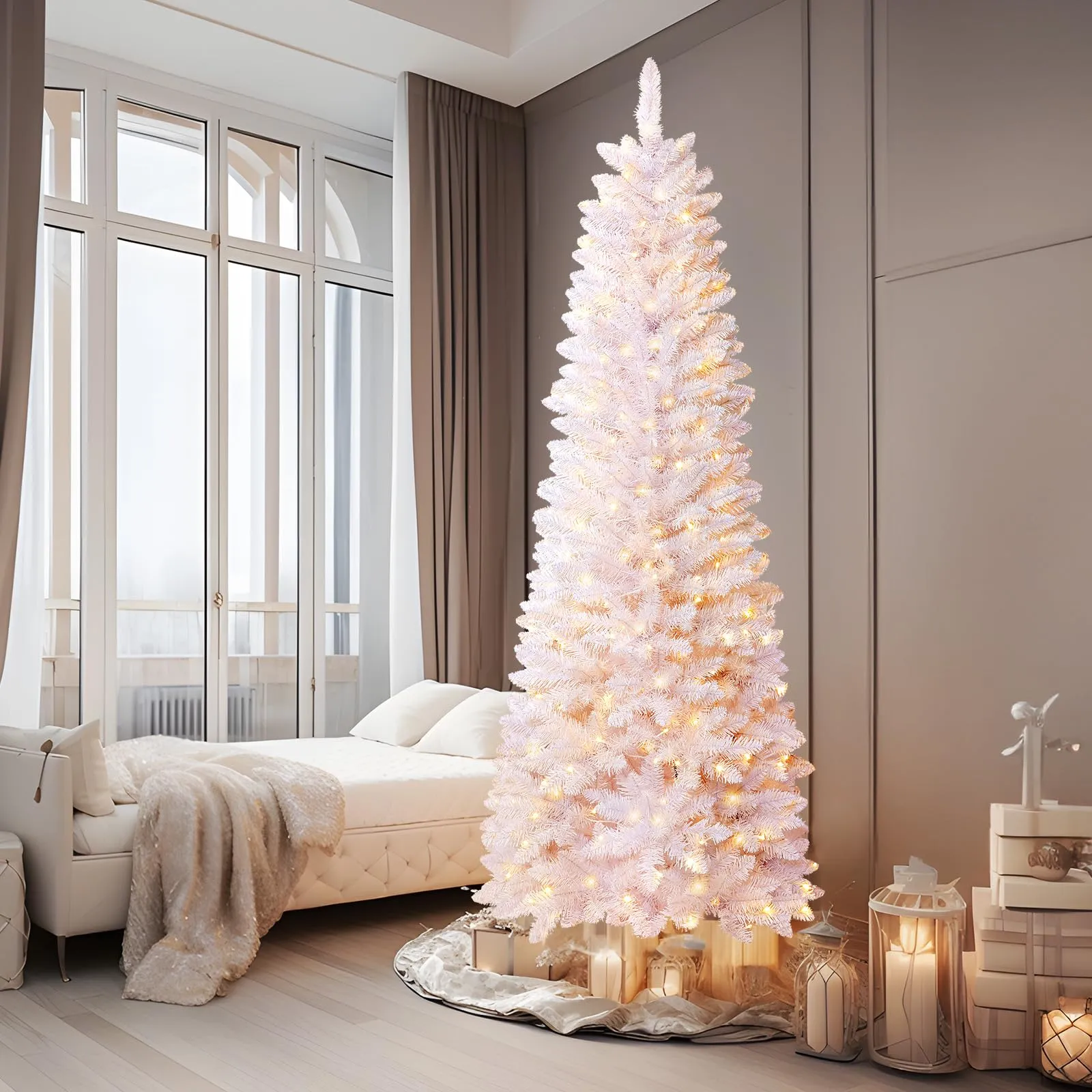 7.5ft Prelit Warm White & Multi-Color Lights Artificial Hinged Slim Pencil Christmas Tree with Remote-White