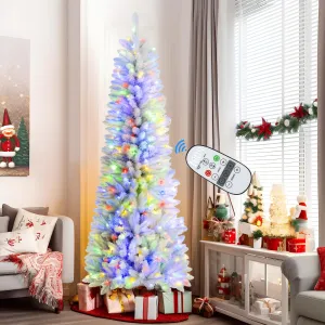 7.5ft Prelit Warm White & Multi-Color Lights Artificial Hinged Slim Pencil Christmas Tree with Remote-White