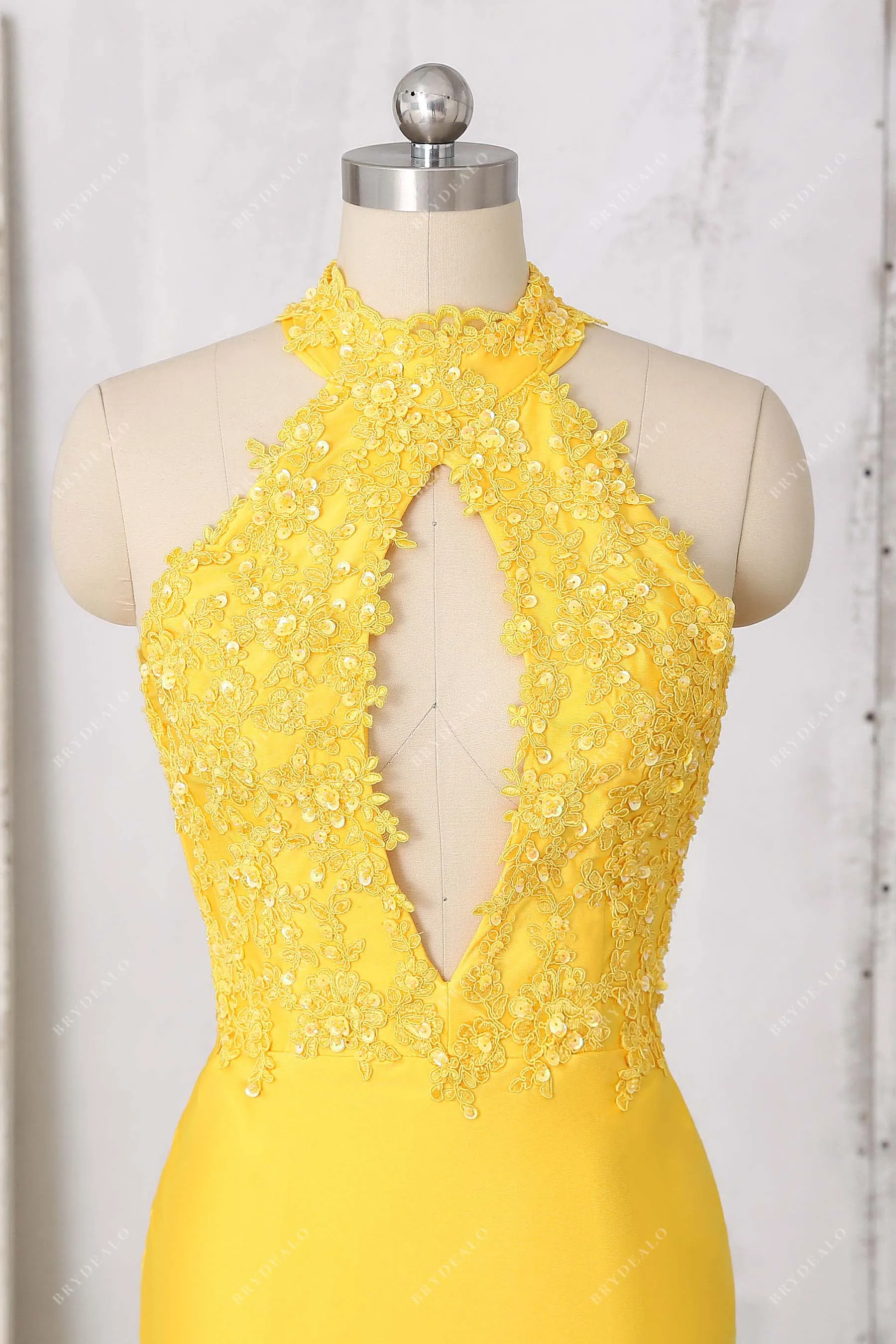 Beaded Lace Cut-out Bodice Yellow Spandex Prom Dress