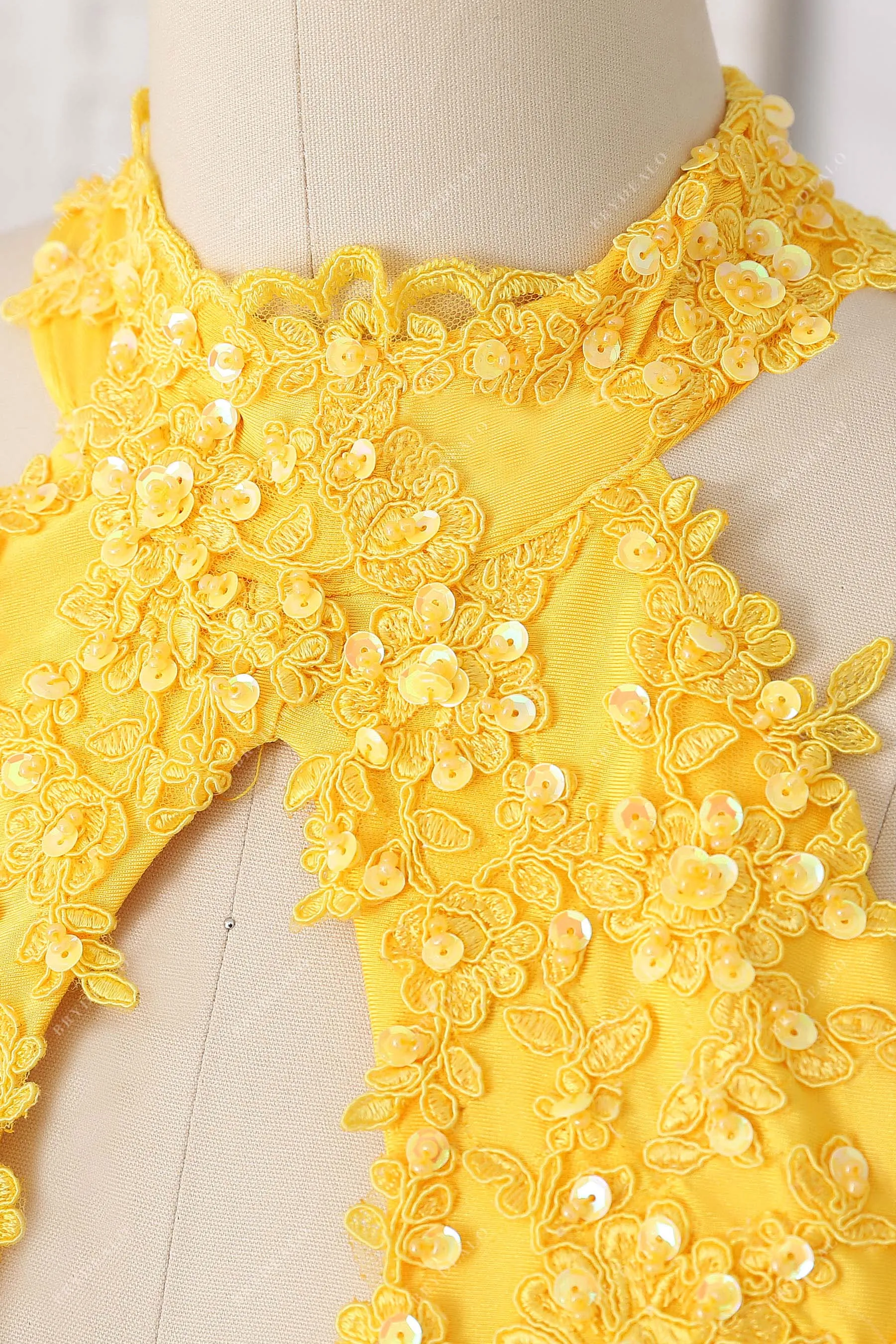 Beaded Lace Cut-out Bodice Yellow Spandex Prom Dress