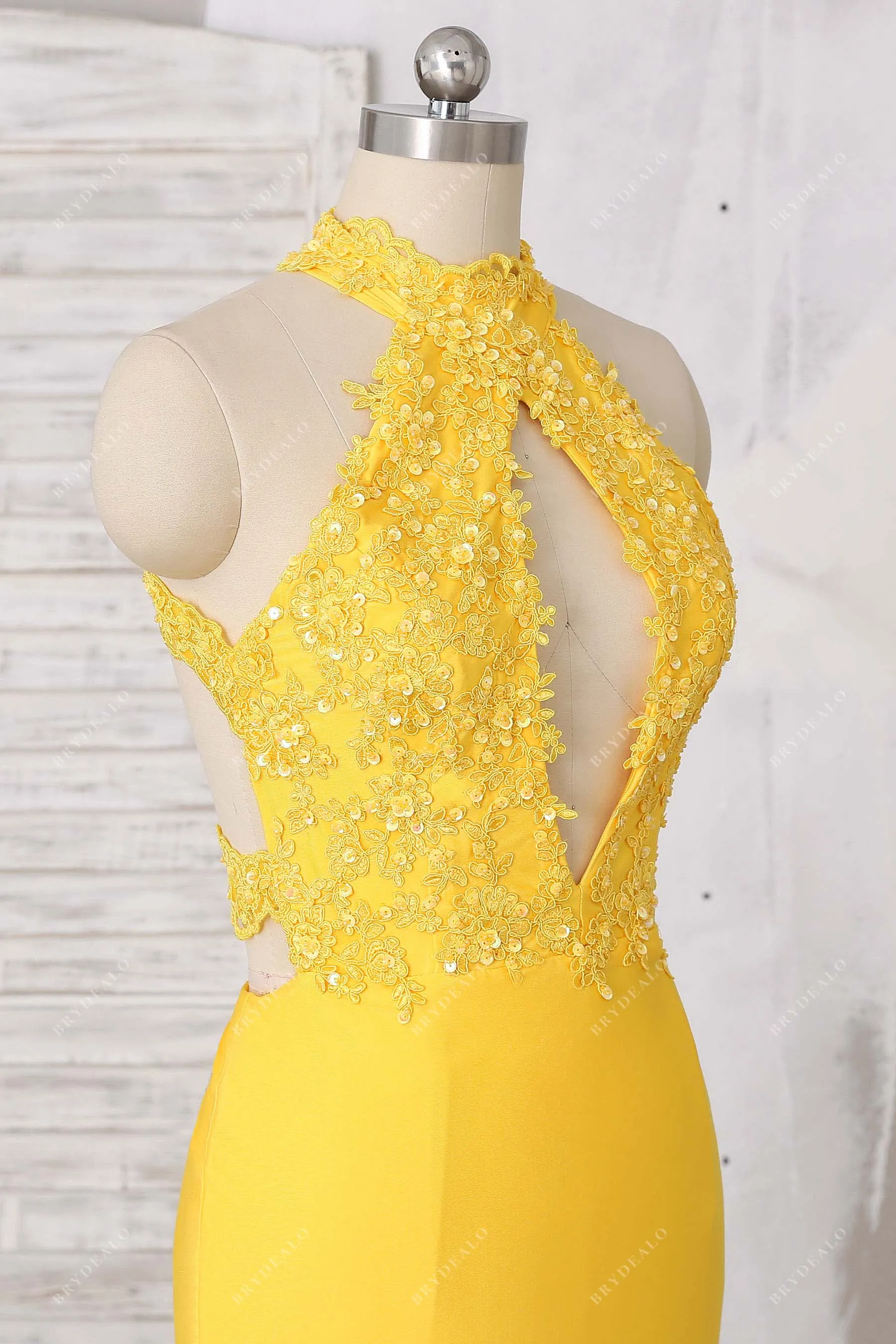 Beaded Lace Cut-out Bodice Yellow Spandex Prom Dress