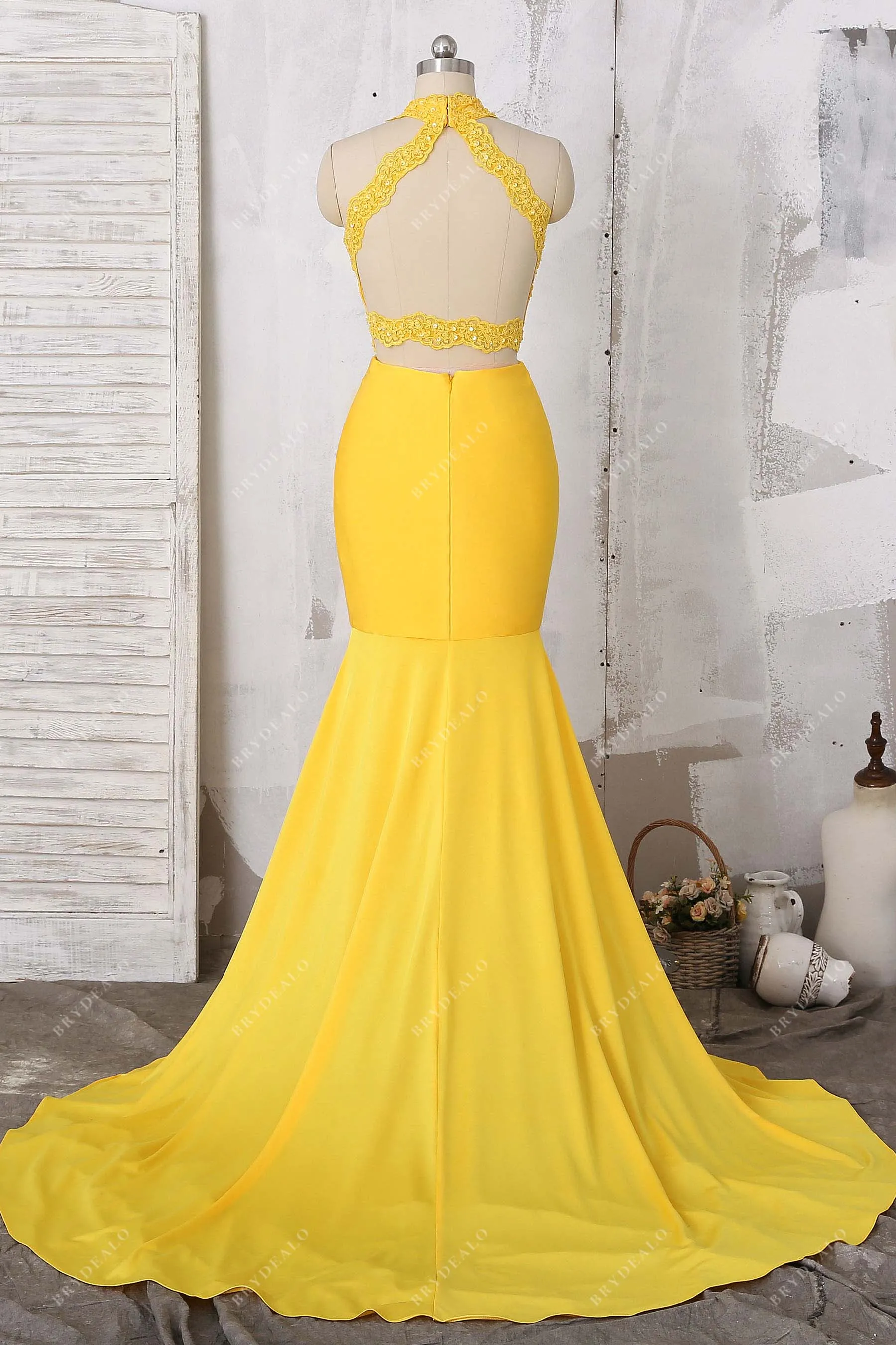 Beaded Lace Cut-out Bodice Yellow Spandex Prom Dress