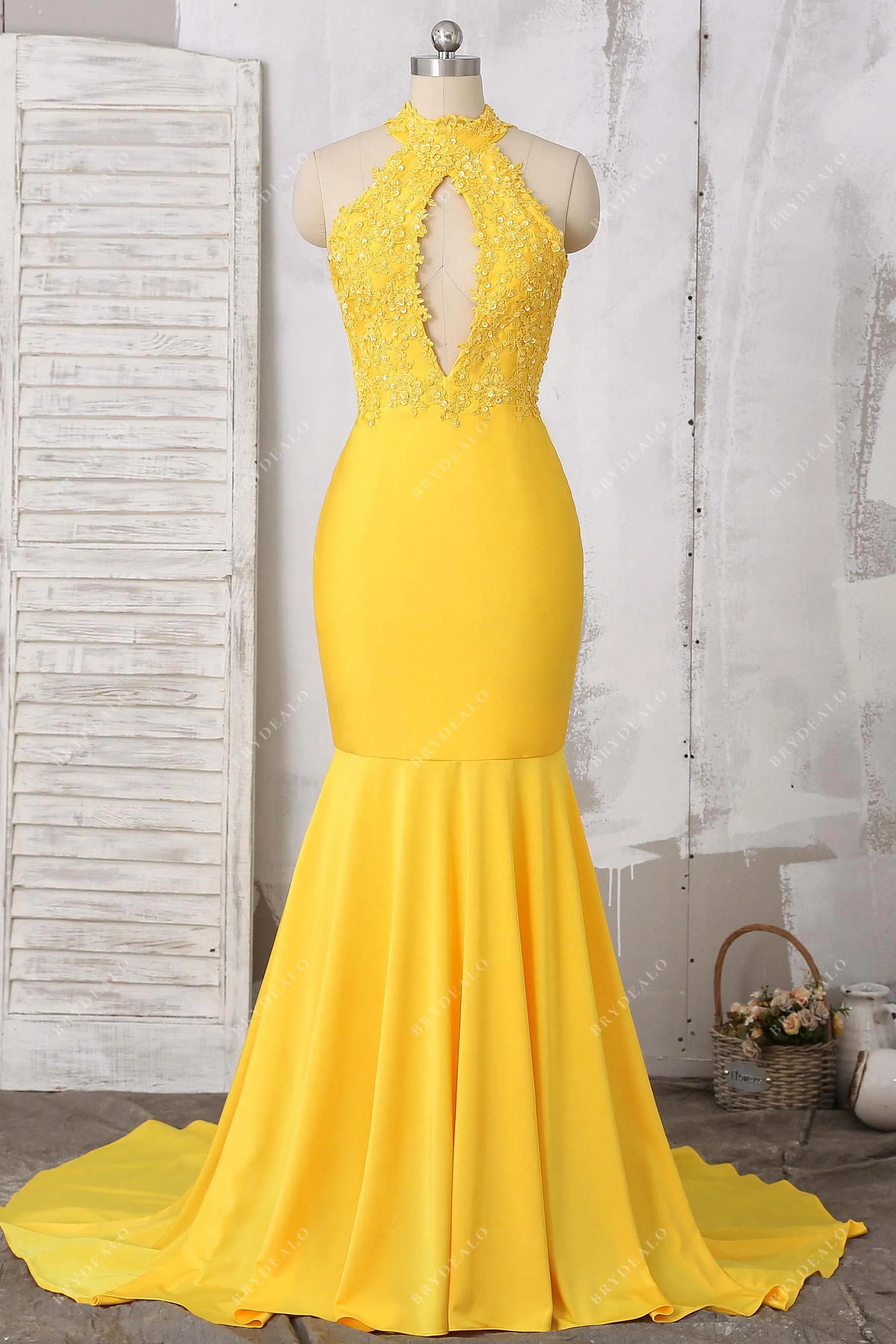 Beaded Lace Cut-out Bodice Yellow Spandex Prom Dress