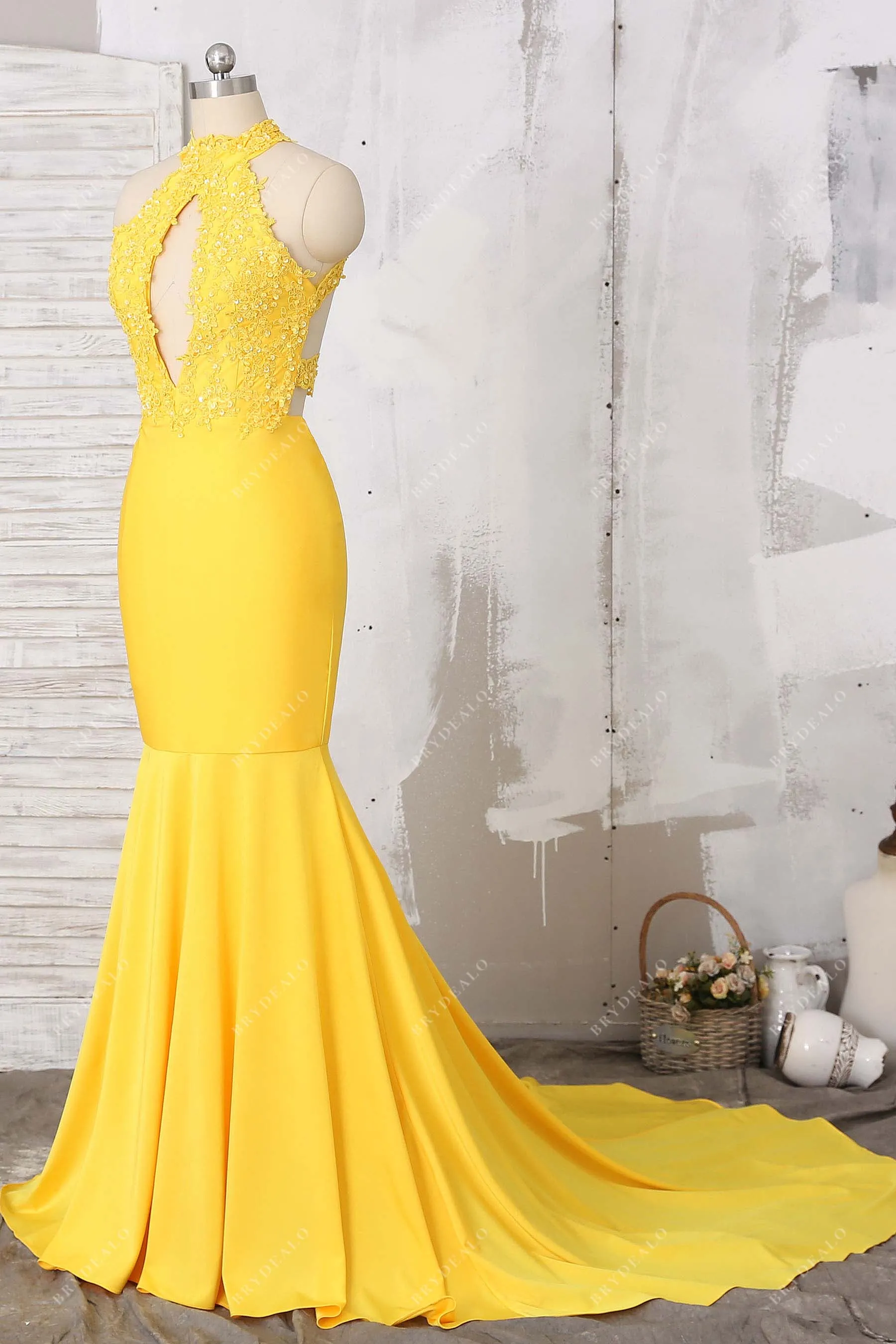 Beaded Lace Cut-out Bodice Yellow Spandex Prom Dress