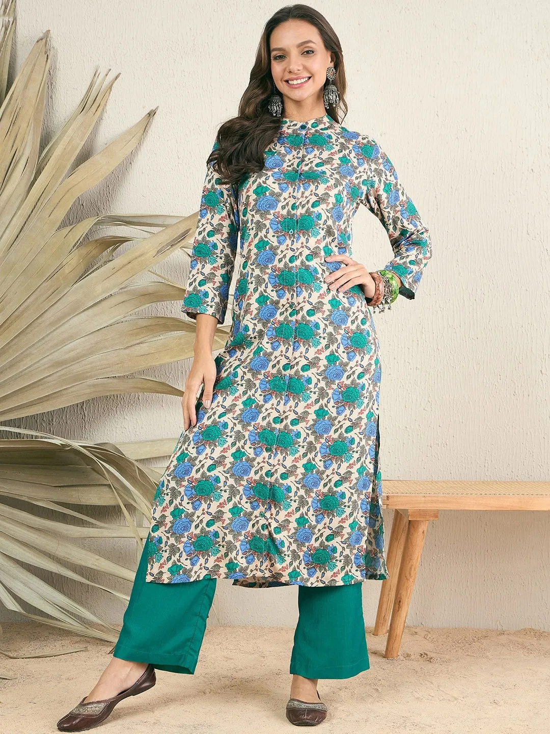 Beige Floral Printed Band Collar Straight Kurta