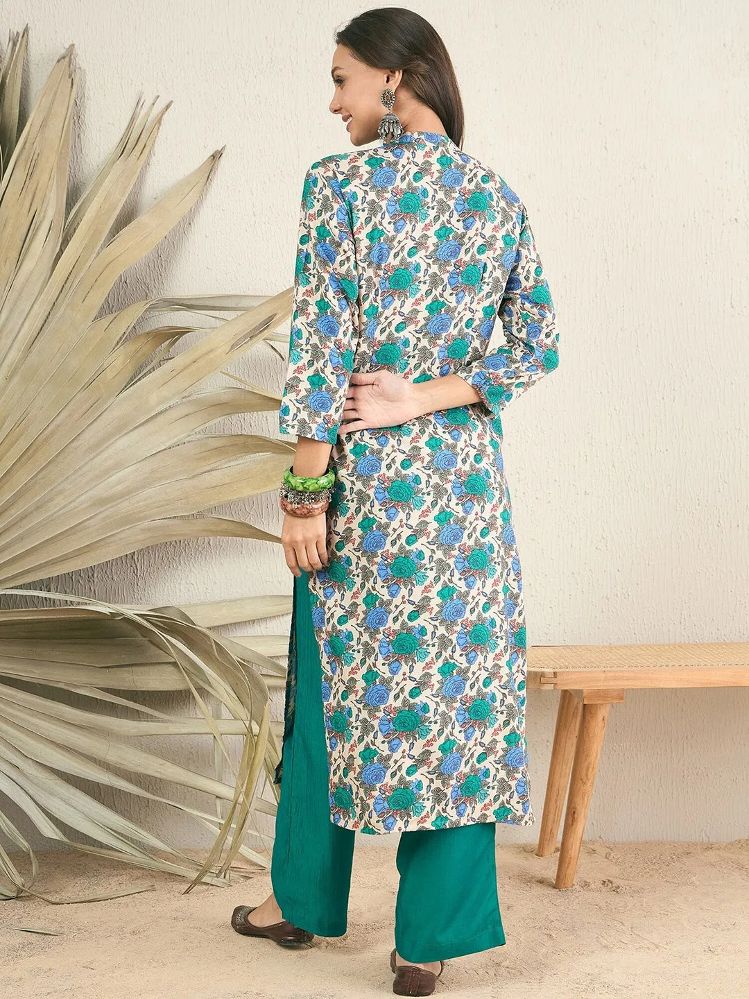 Beige Floral Printed Band Collar Straight Kurta