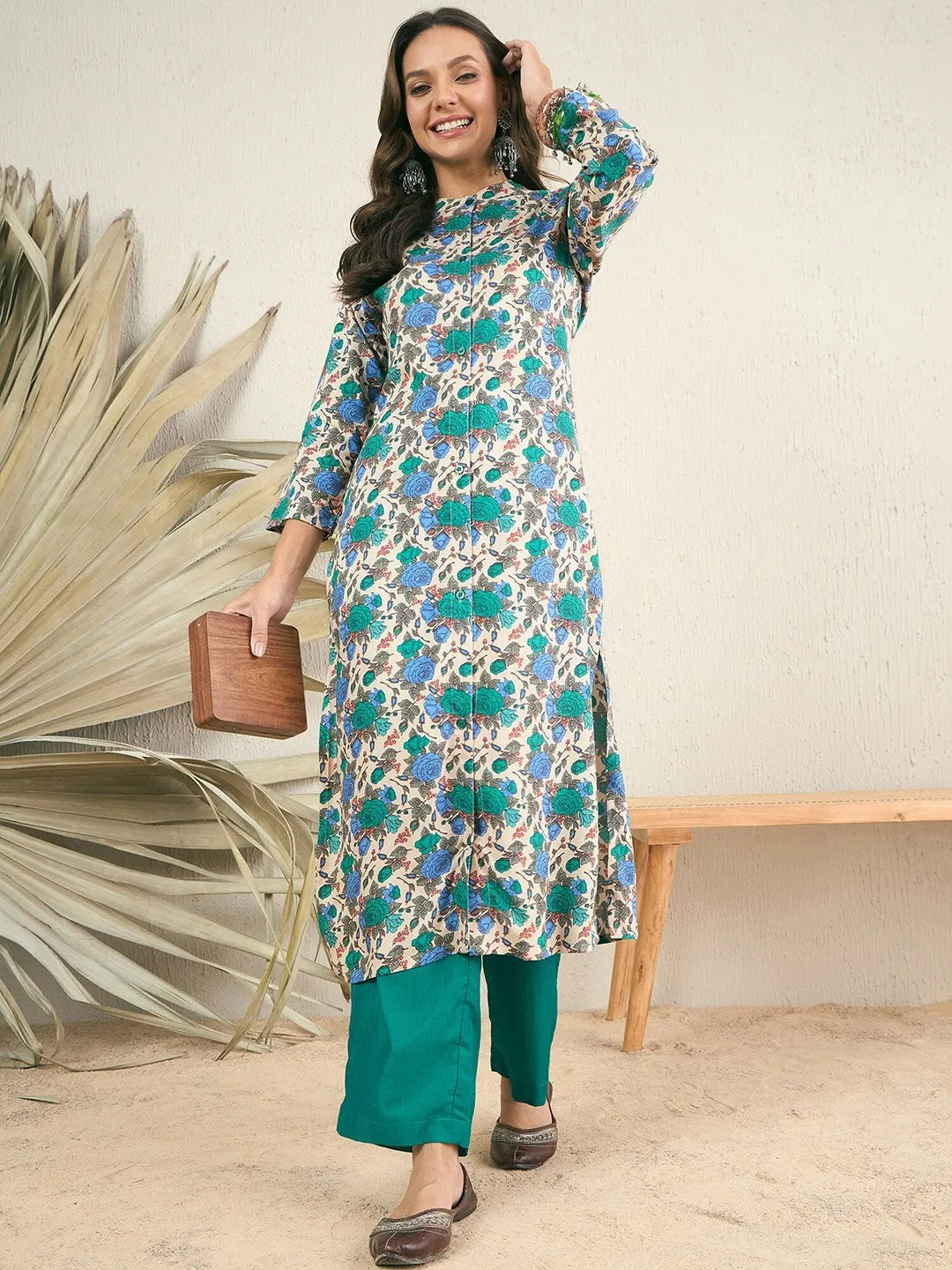 Beige Floral Printed Band Collar Straight Kurta