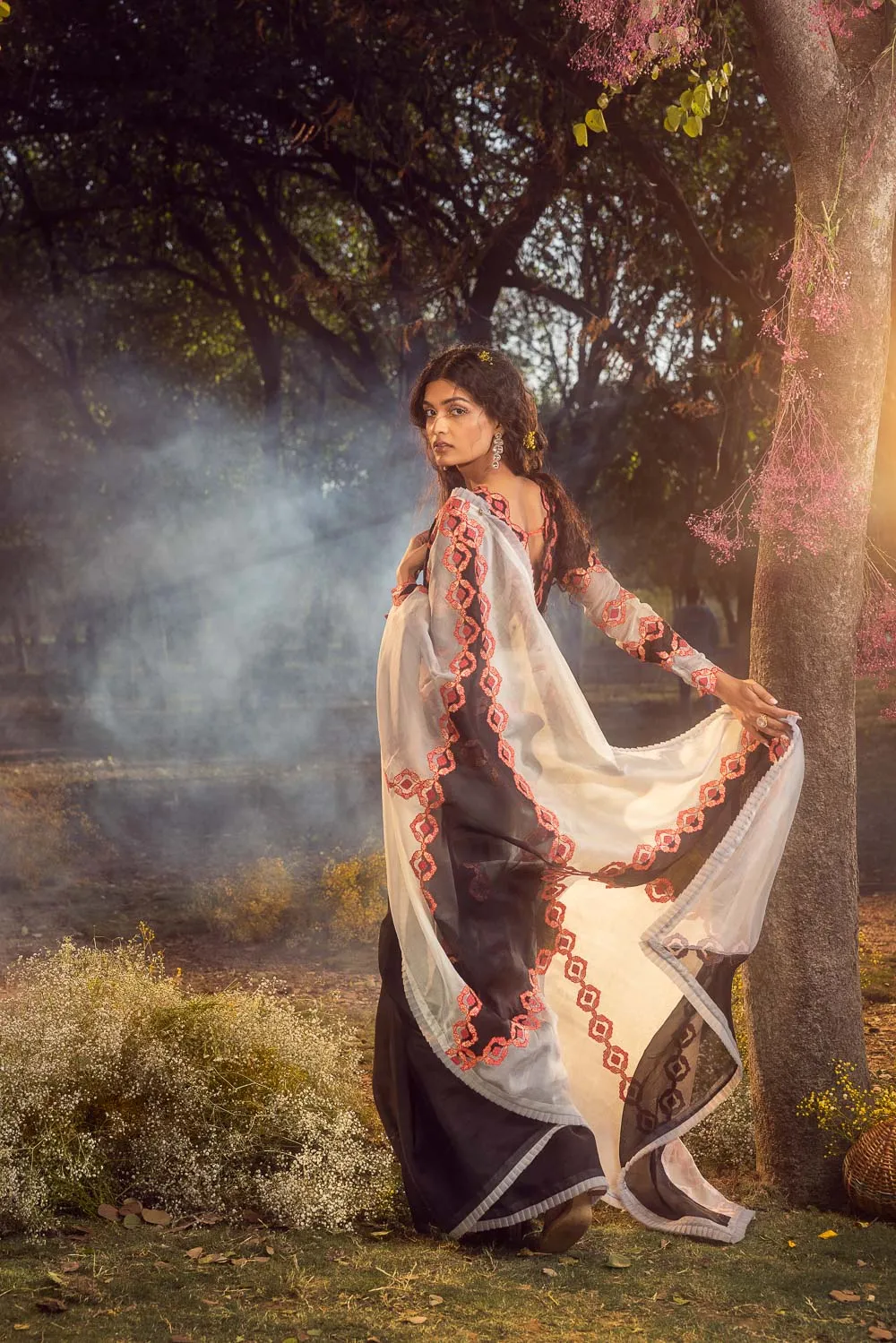 Black And White Organza Patchwork Saree