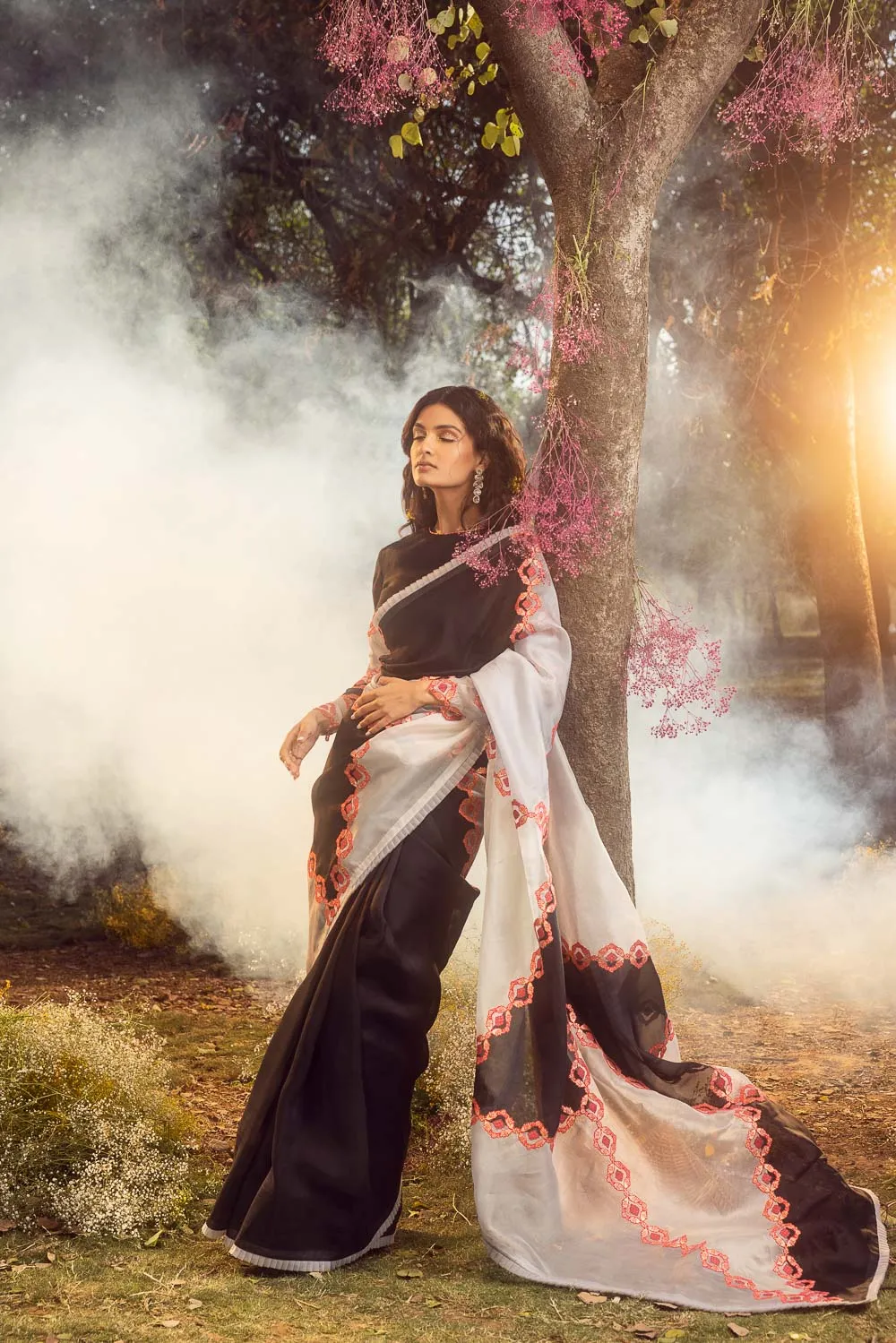 Black And White Organza Patchwork Saree