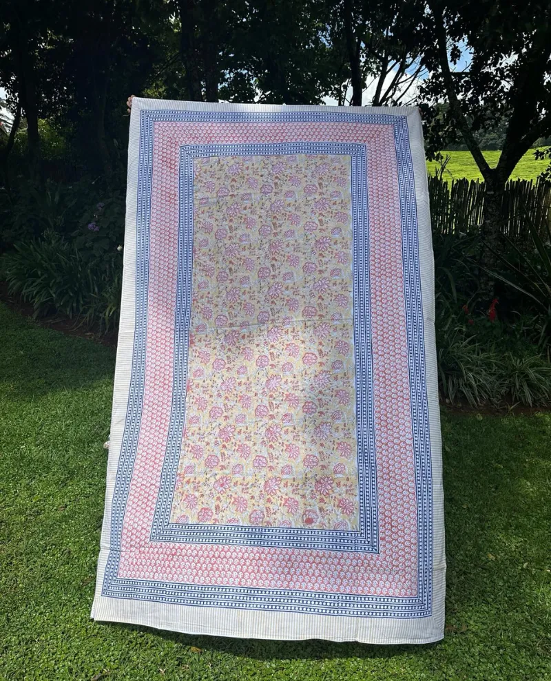 Block Print Yellow Pink Floral Table Cloth Small