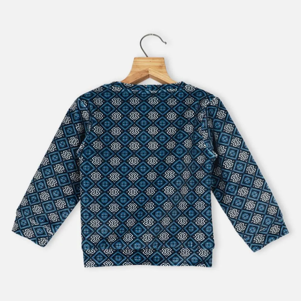 Blue Geometric Printed Full Sleeves T-Shirt