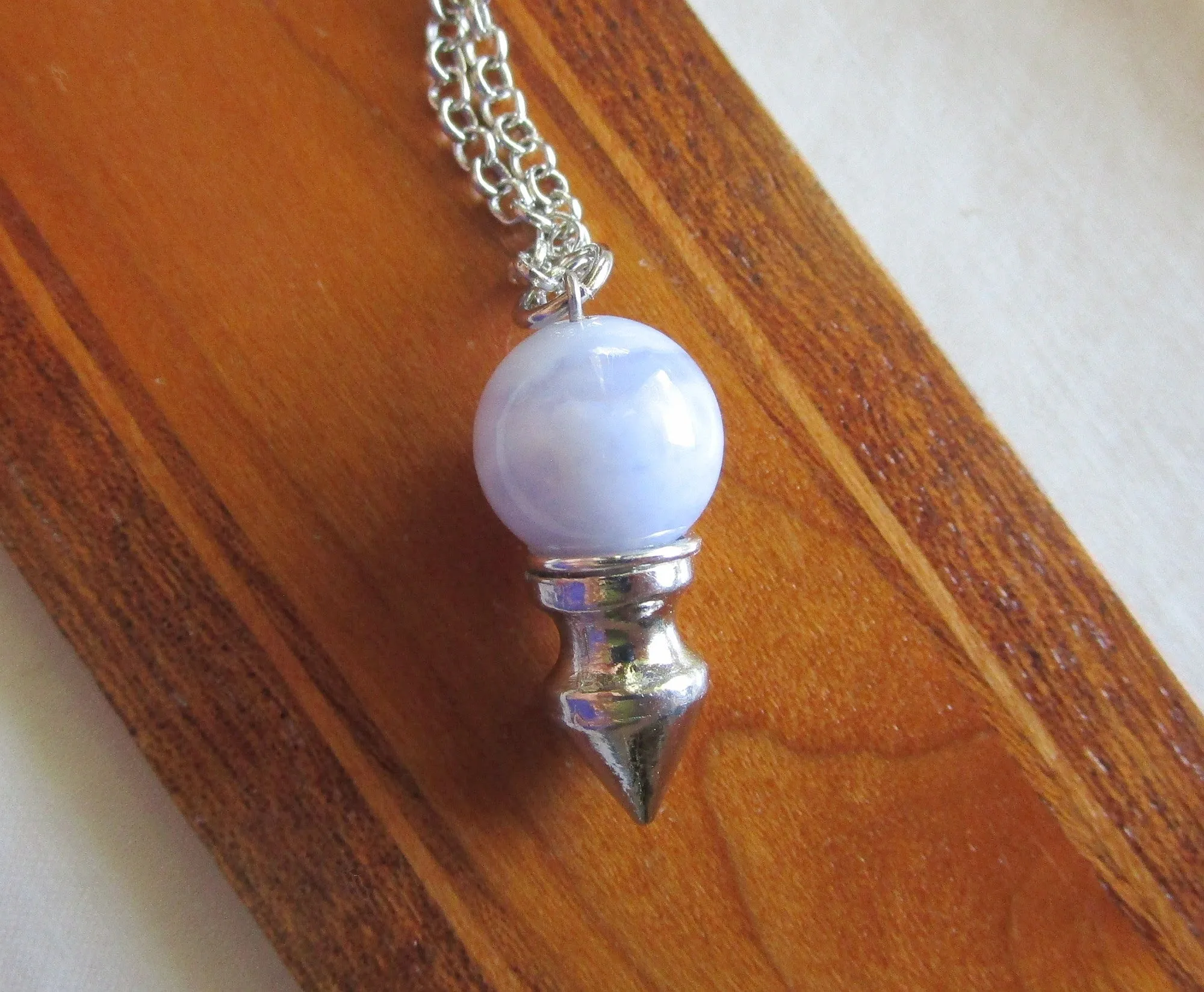 Blue Lace Agate Crystal Ball Spike Pendulum Pendant Necklace