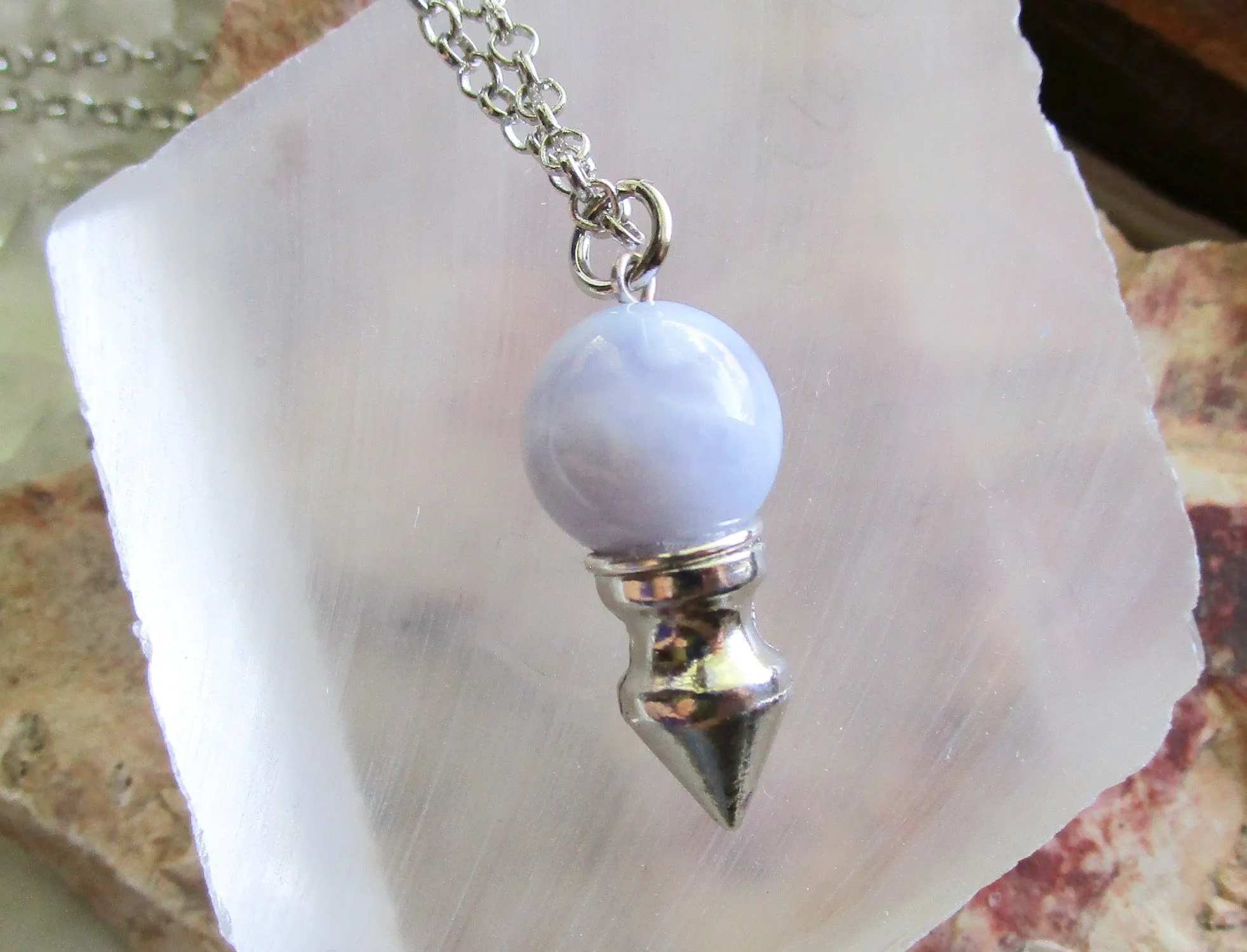 Blue Lace Agate Crystal Ball Spike Pendulum Pendant Necklace