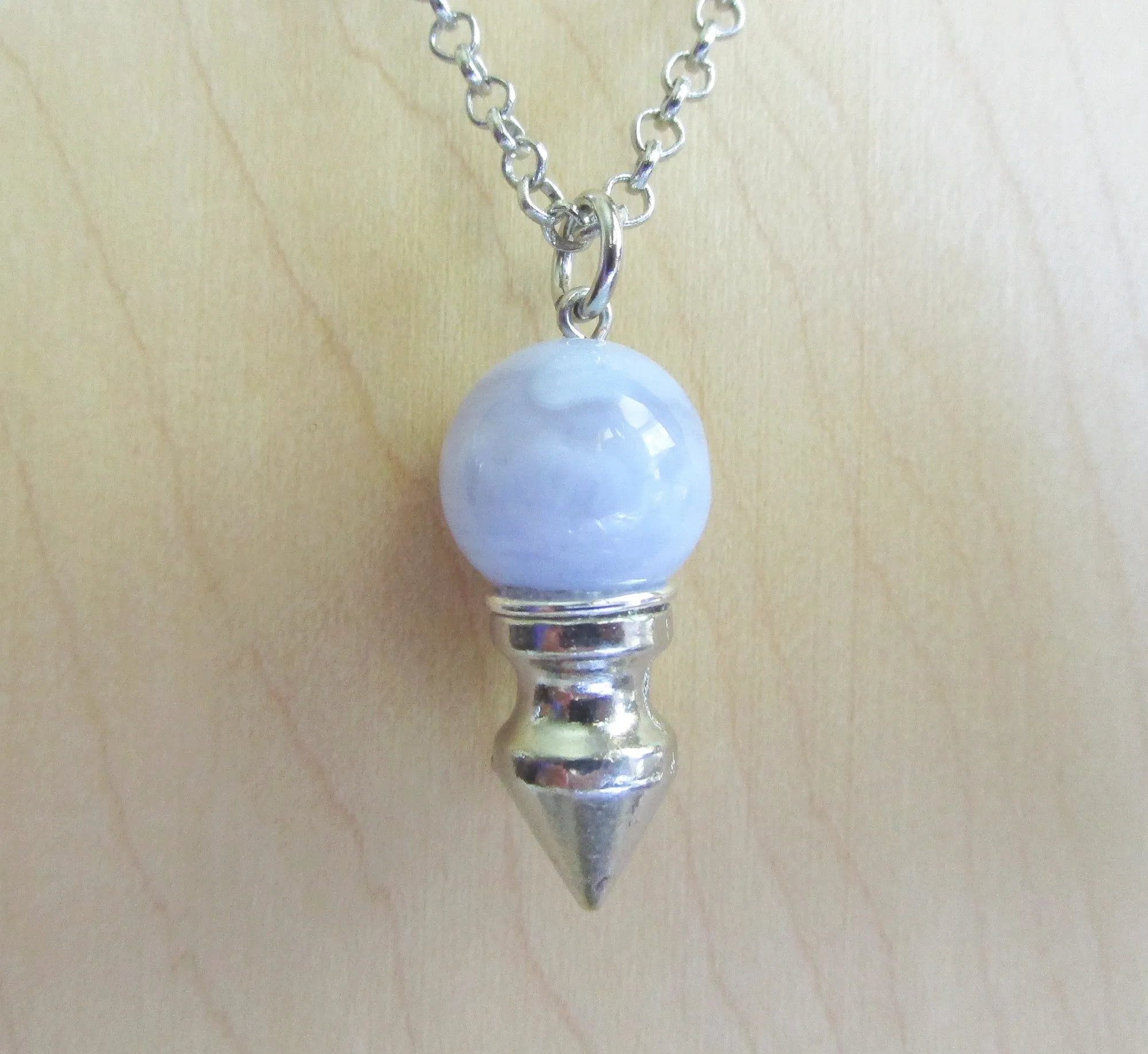 Blue Lace Agate Crystal Ball Spike Pendulum Pendant Necklace