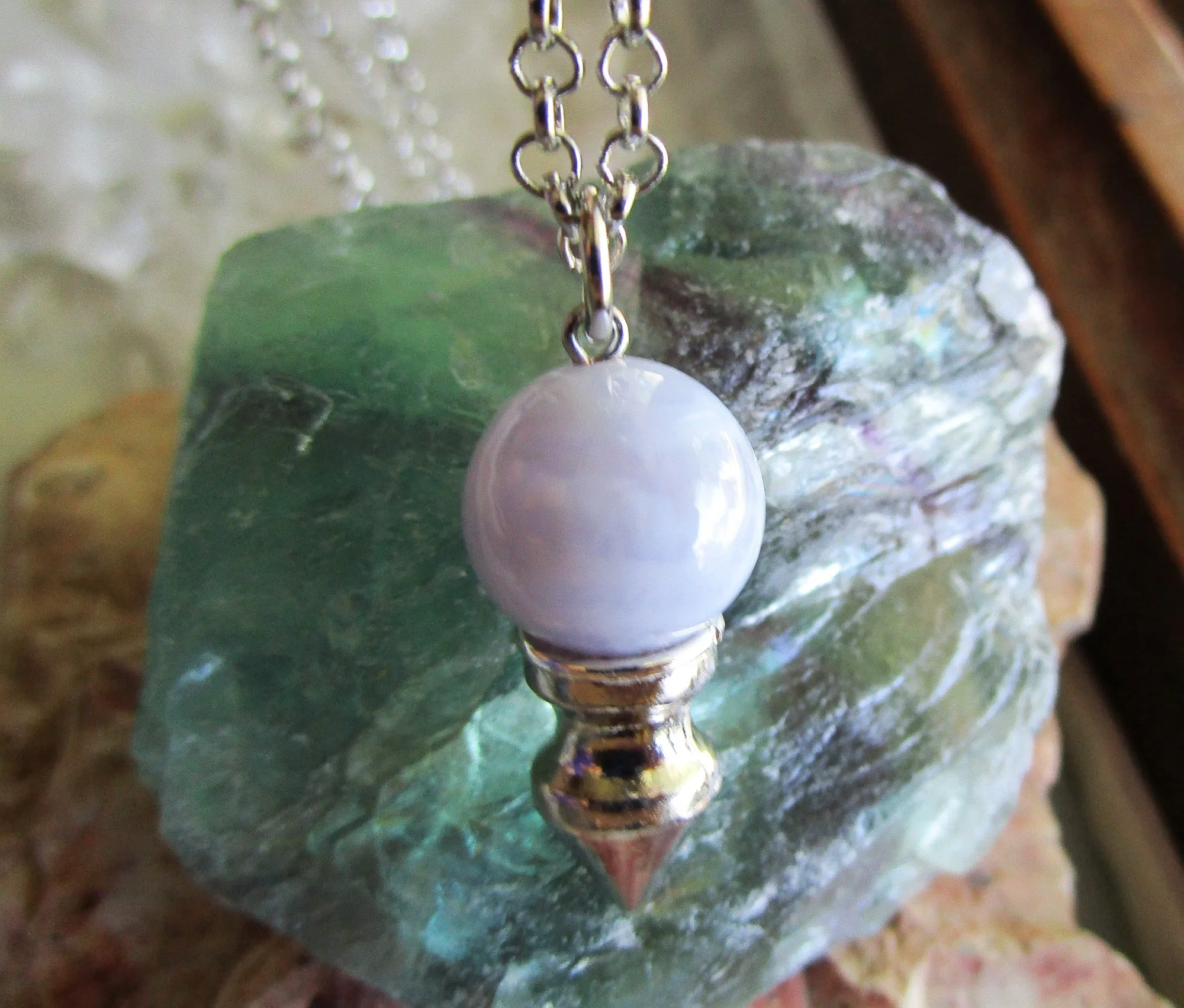 Blue Lace Agate Crystal Ball Spike Pendulum Pendant Necklace