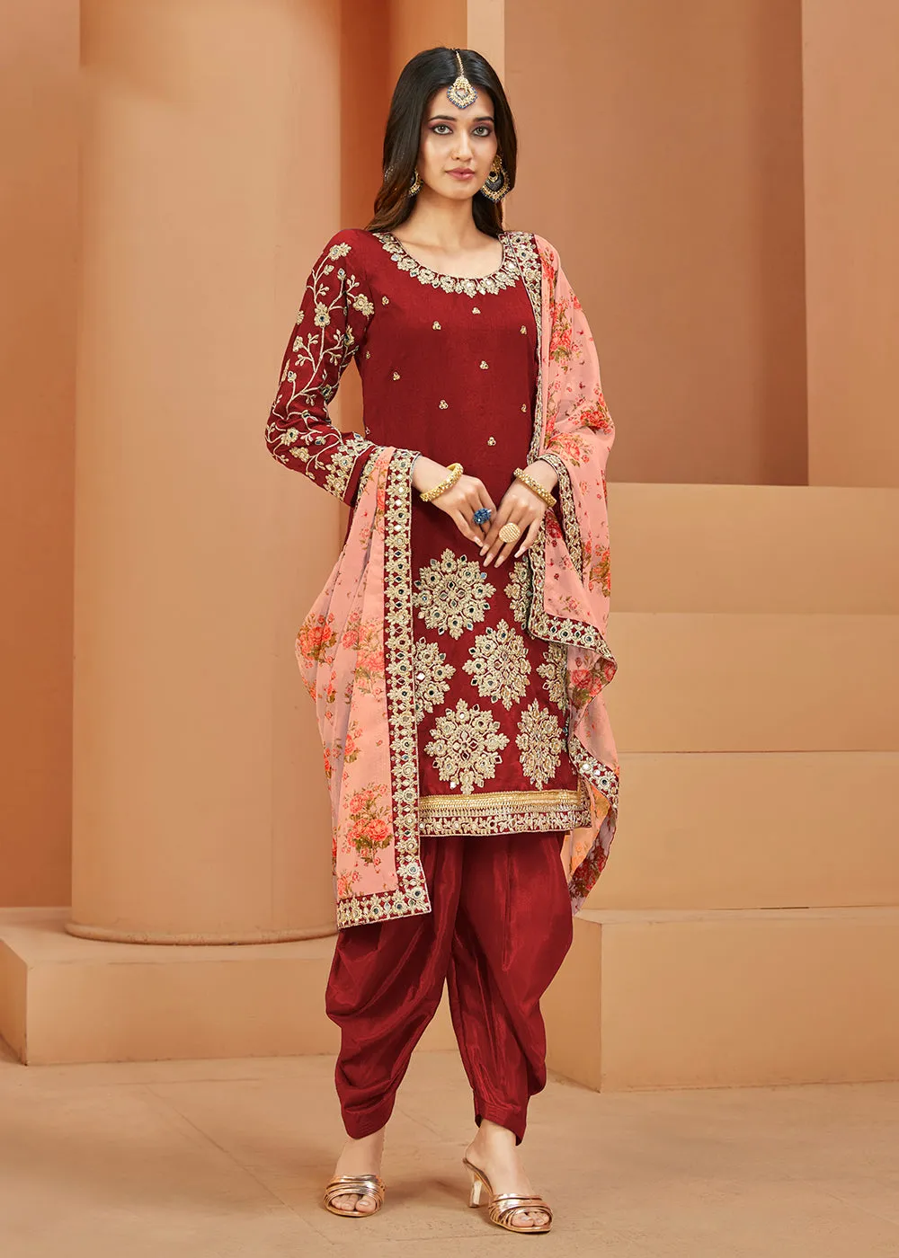 Charming Art Silk Red Mirror Embroidered Patiala Salwar Kameez