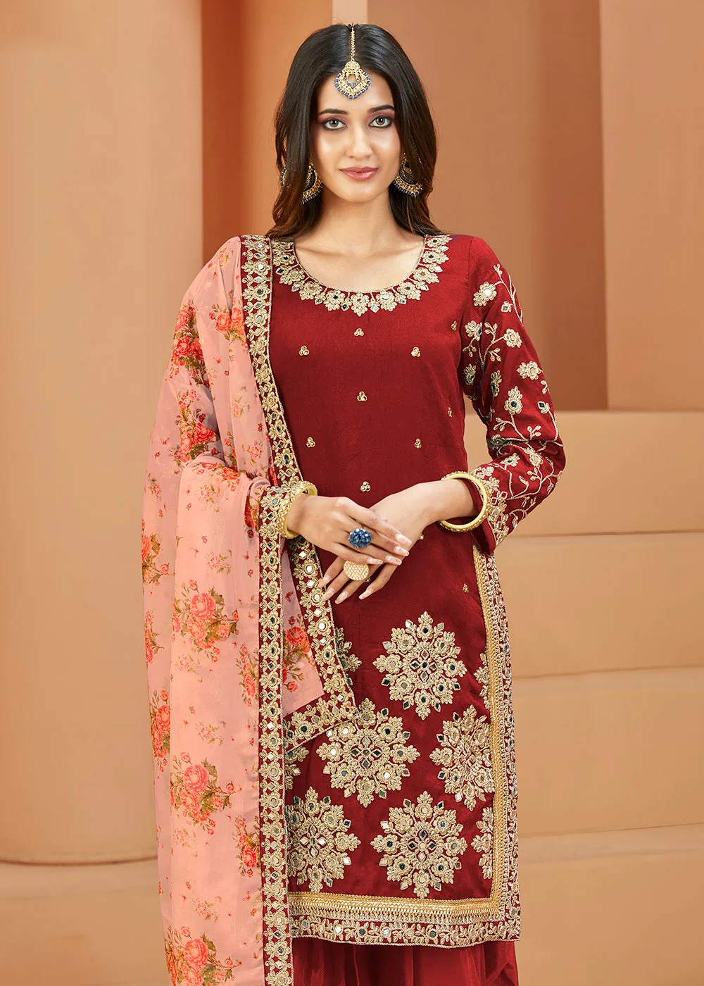 Charming Art Silk Red Mirror Embroidered Patiala Salwar Kameez