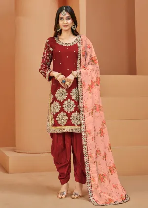 Charming Art Silk Red Mirror Embroidered Patiala Salwar Kameez