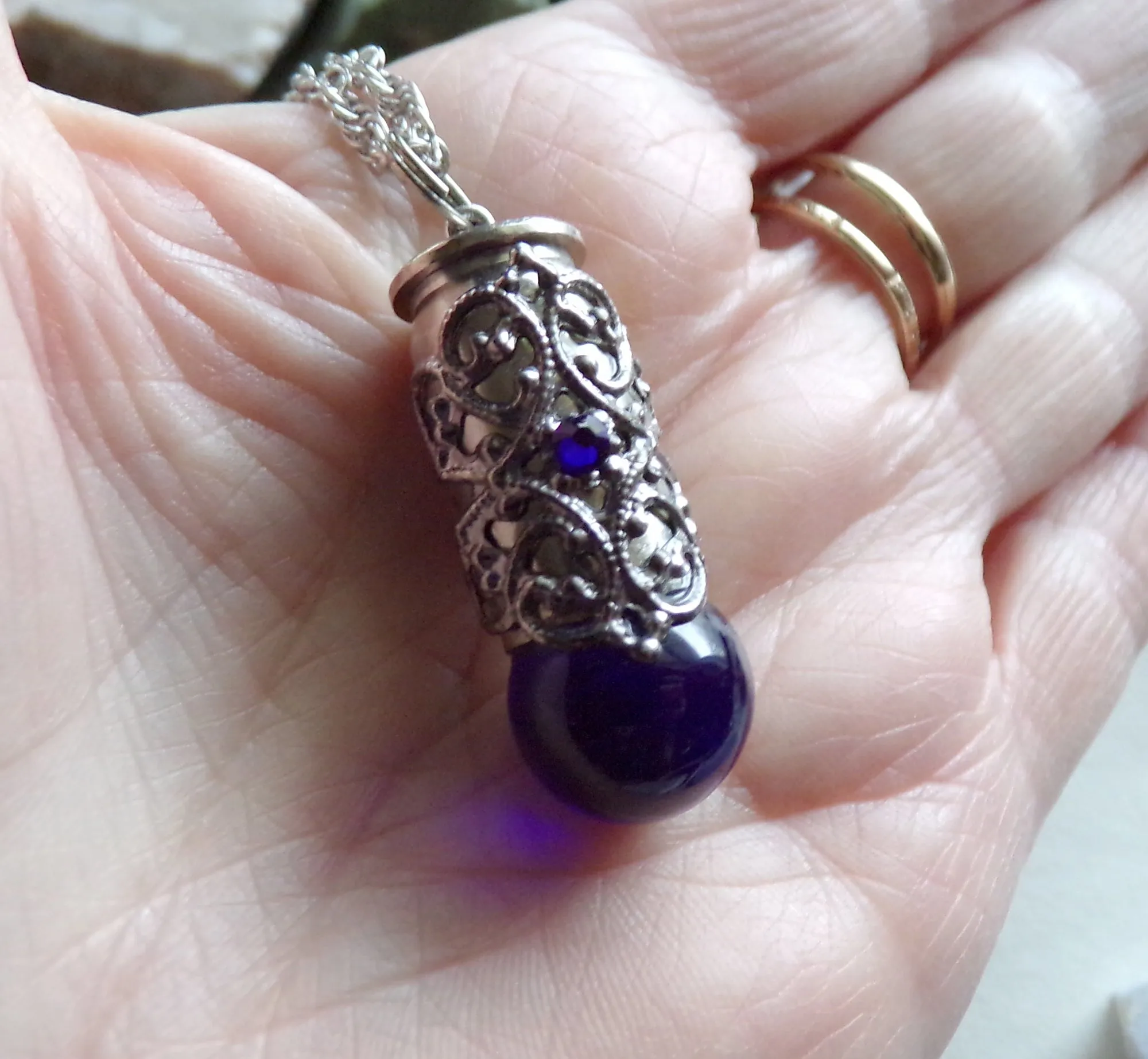 Cobalt Blue Marble Silver Filigree Bullet Jewelry Pendant Necklace