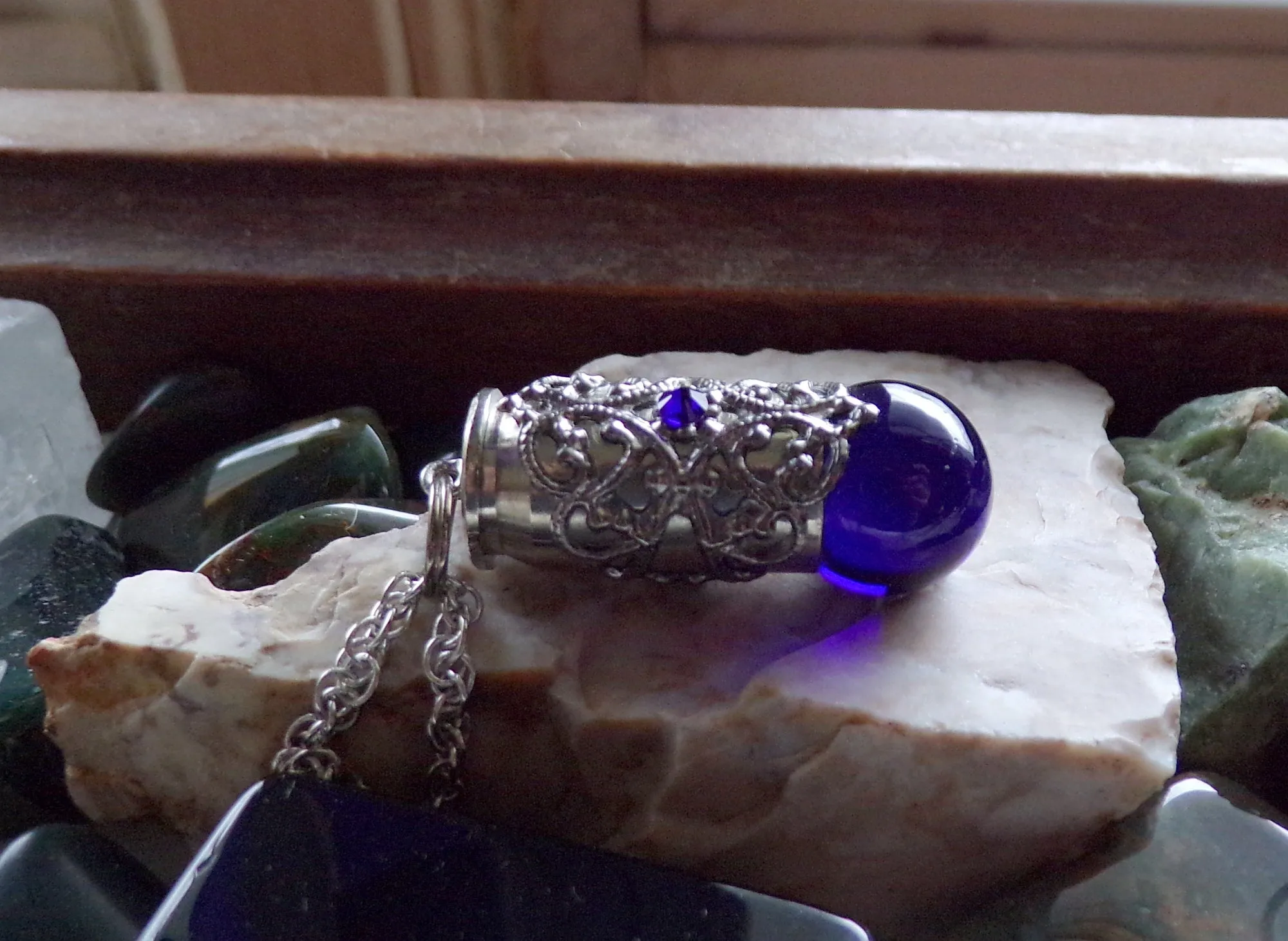 Cobalt Blue Marble Silver Filigree Bullet Jewelry Pendant Necklace