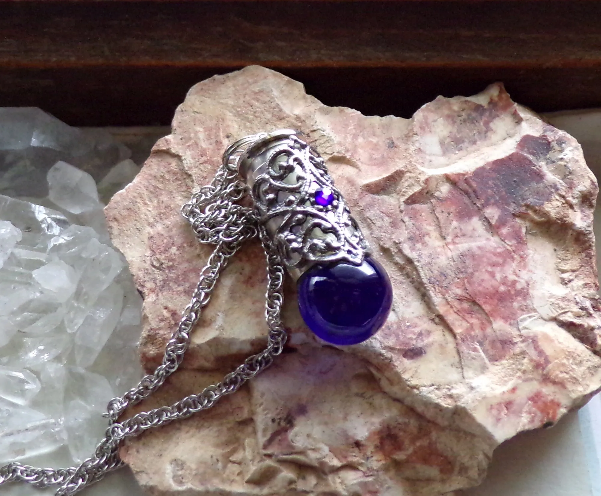 Cobalt Blue Marble Silver Filigree Bullet Jewelry Pendant Necklace