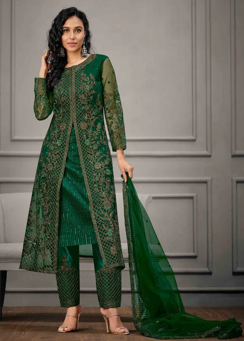 Dark Green Wedding Wear Net Slit Style Salwar Suit