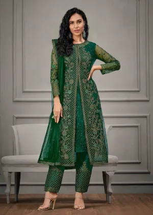 Dark Green Wedding Wear Net Slit Style Salwar Suit