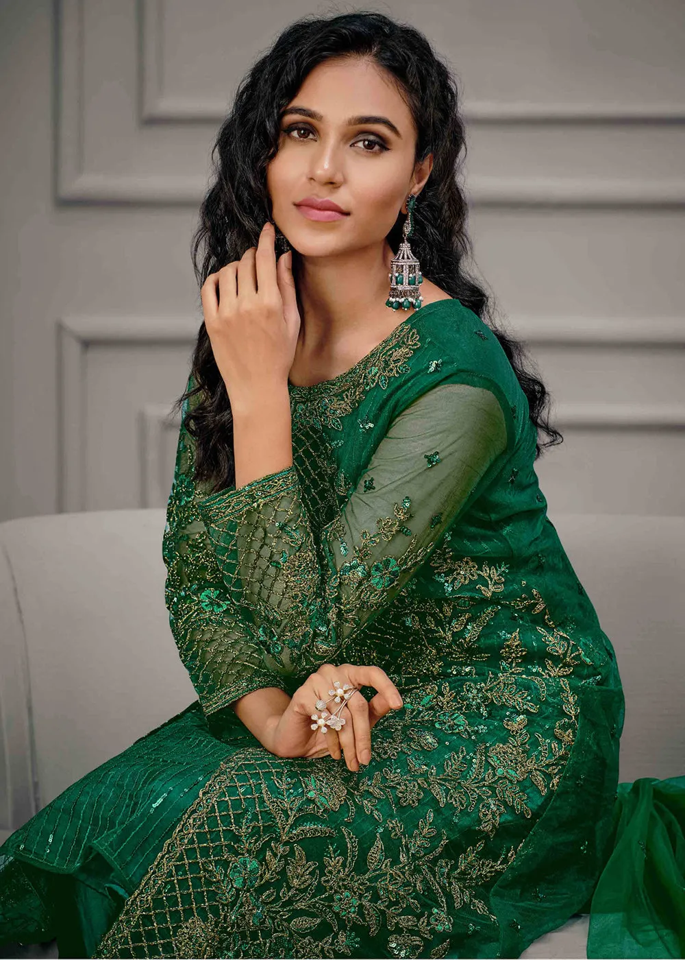 Dark Green Wedding Wear Net Slit Style Salwar Suit