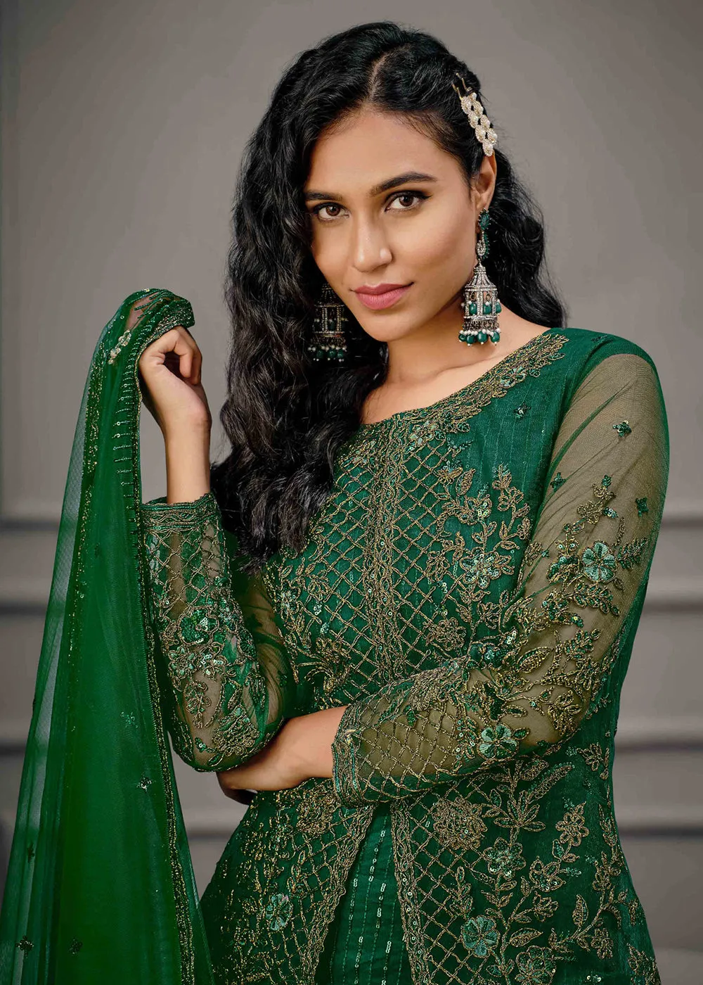 Dark Green Wedding Wear Net Slit Style Salwar Suit