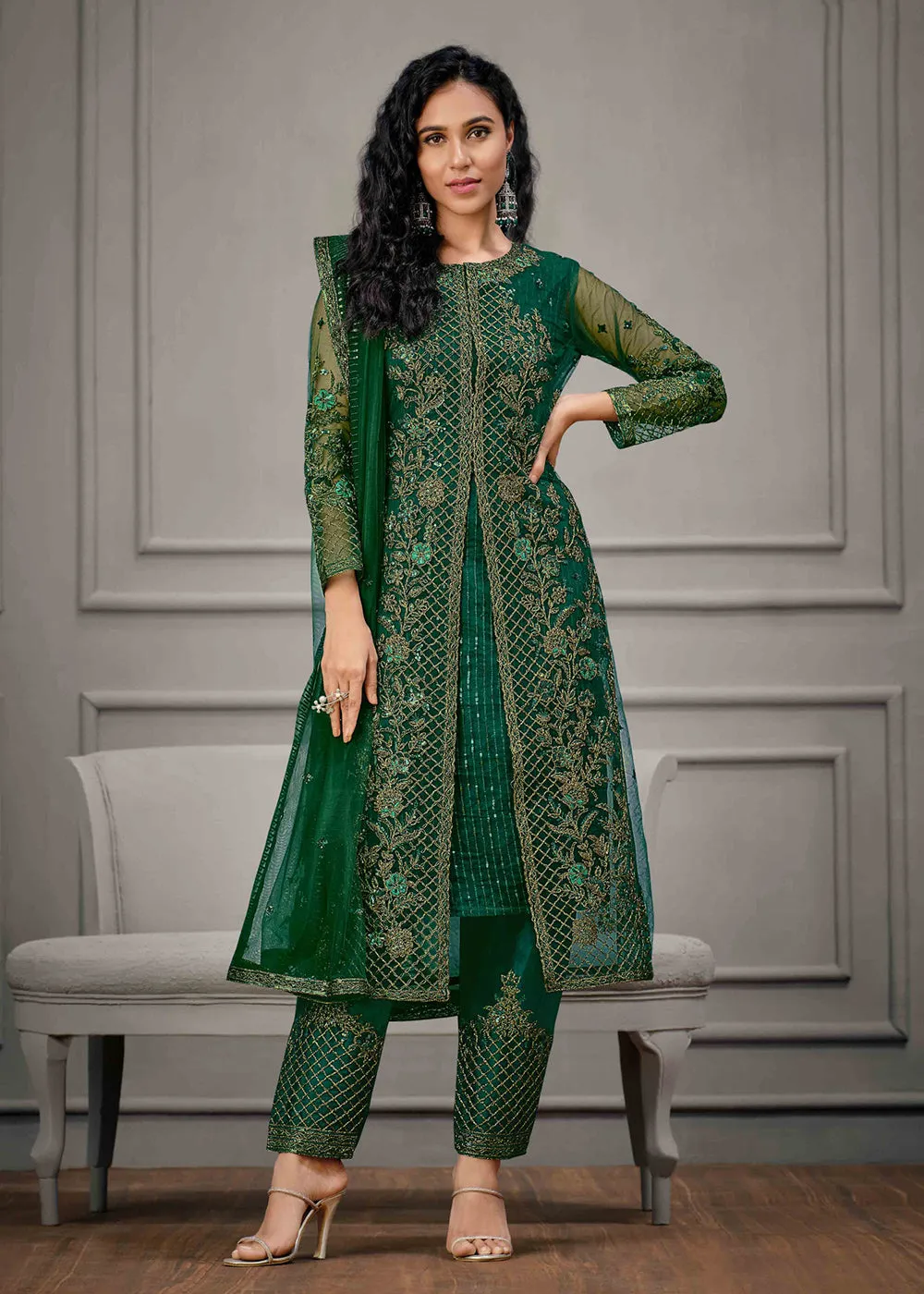 Dark Green Wedding Wear Net Slit Style Salwar Suit