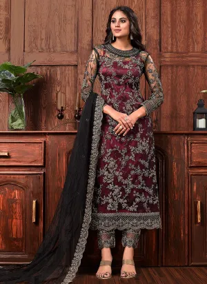 Dazzling Maroon Embroidered Straight Pant Salwar Suit