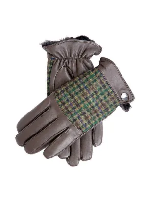 Dents Mens Faux Fur Abraham Moon Dogtooth & Leather Gloves - Brown/Forest/Green