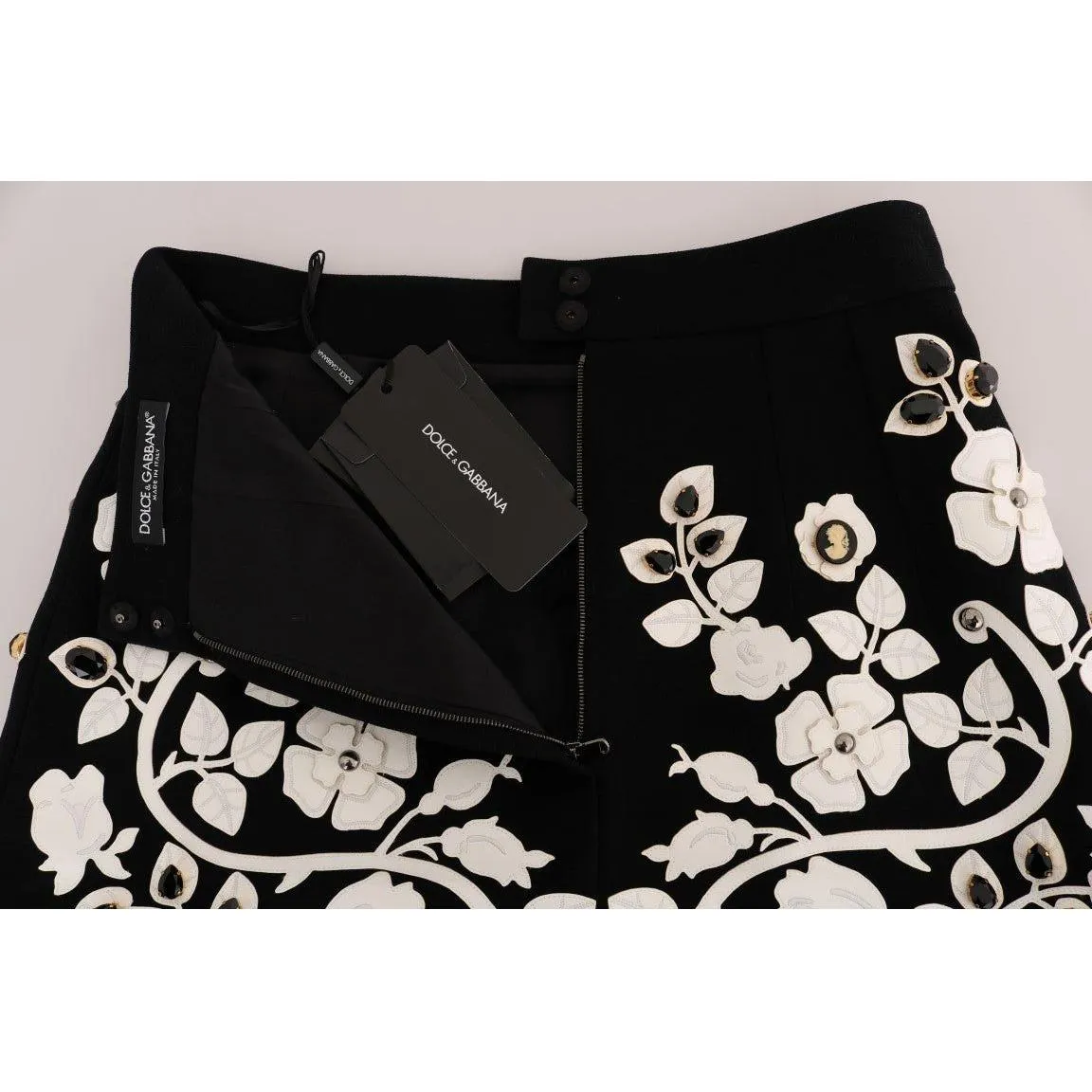 Dolce & Gabbana Black White Floral Baroque Crystal Pencil Skirt