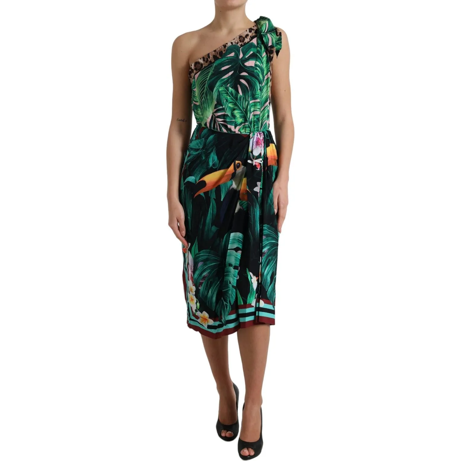 Dolce & Gabbana Tropical Jungle Print One-Shoulder Dress