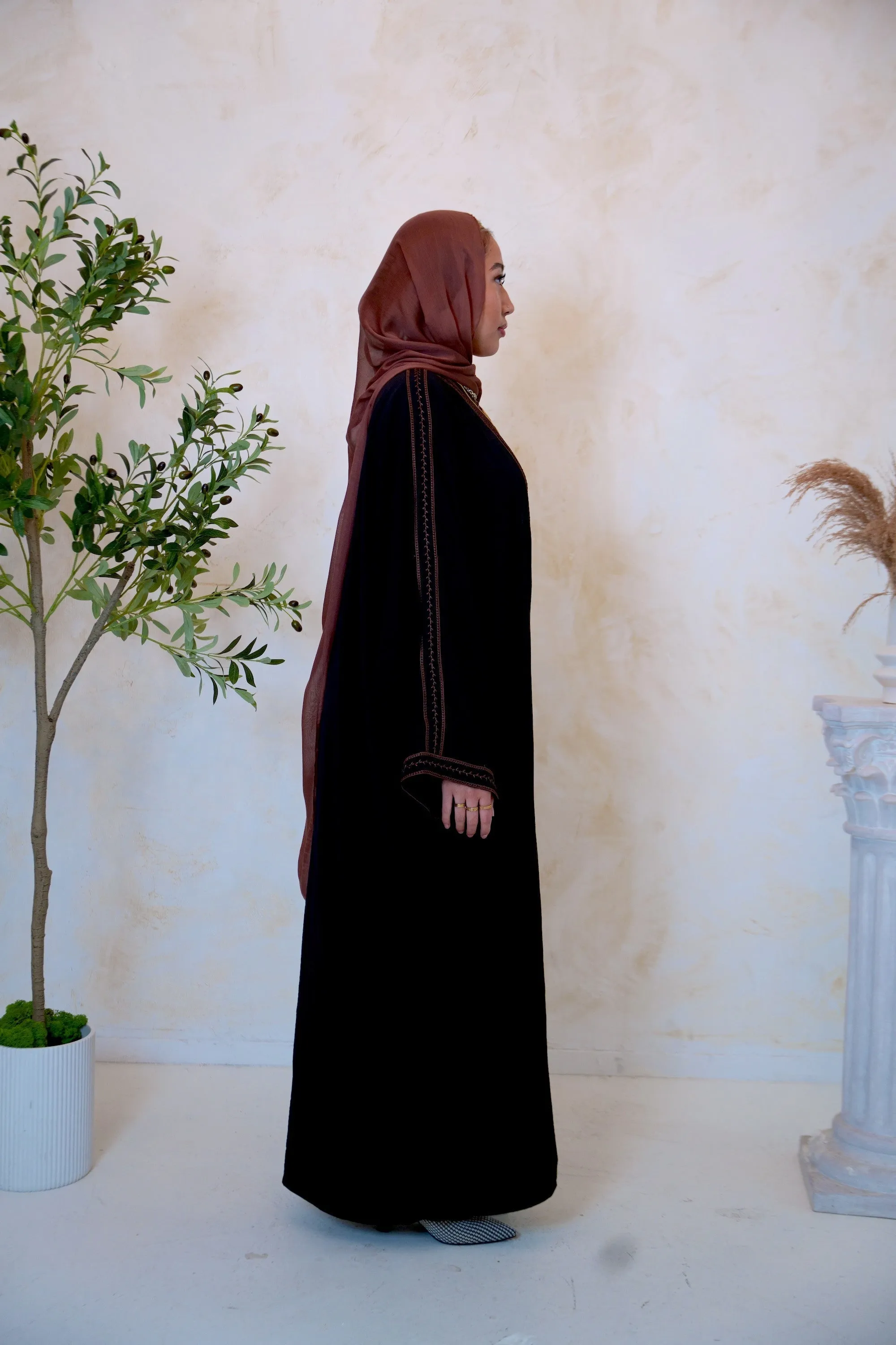 Embroidered Trim Open Front Abaya