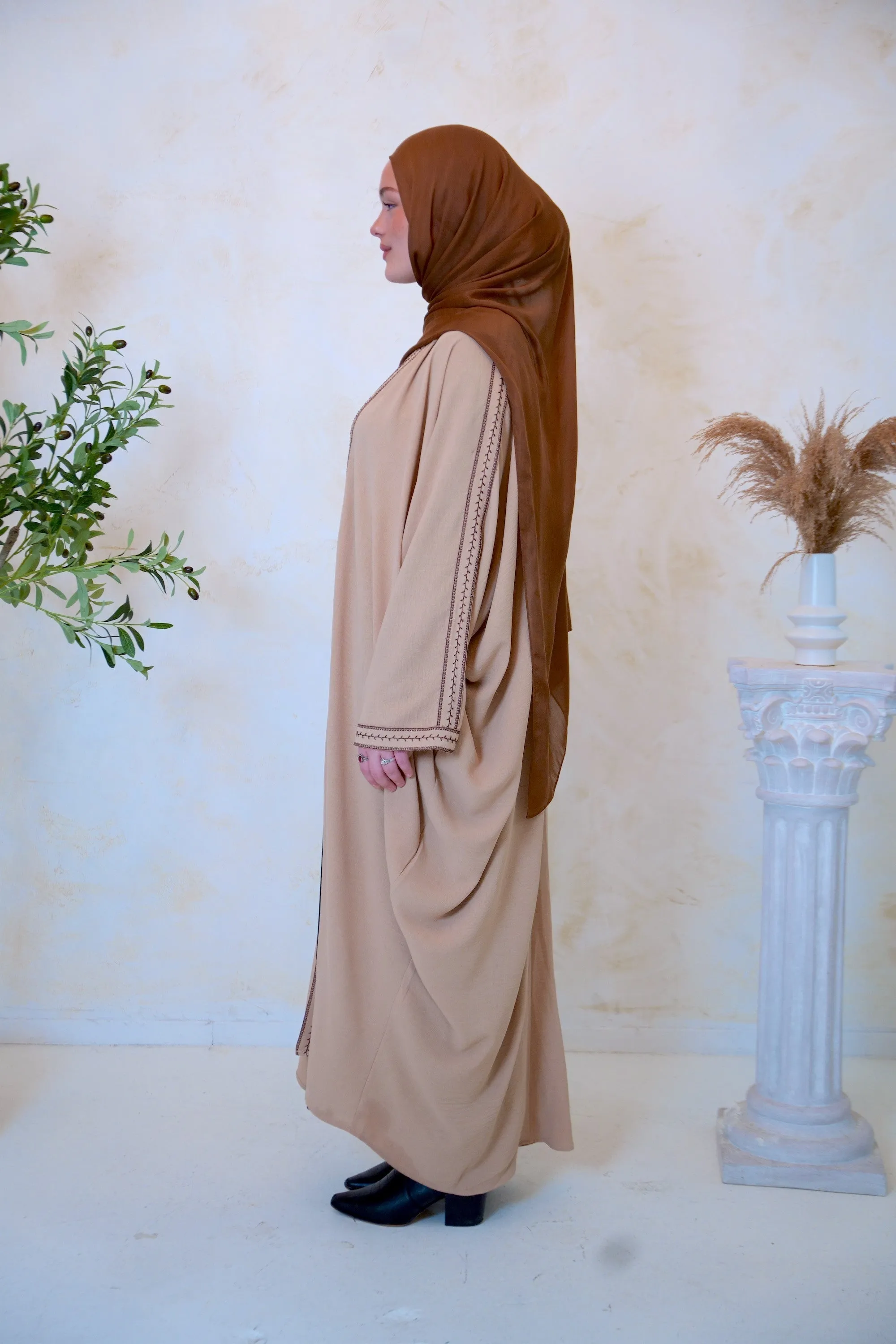 Embroidered Trim Open Front Abaya