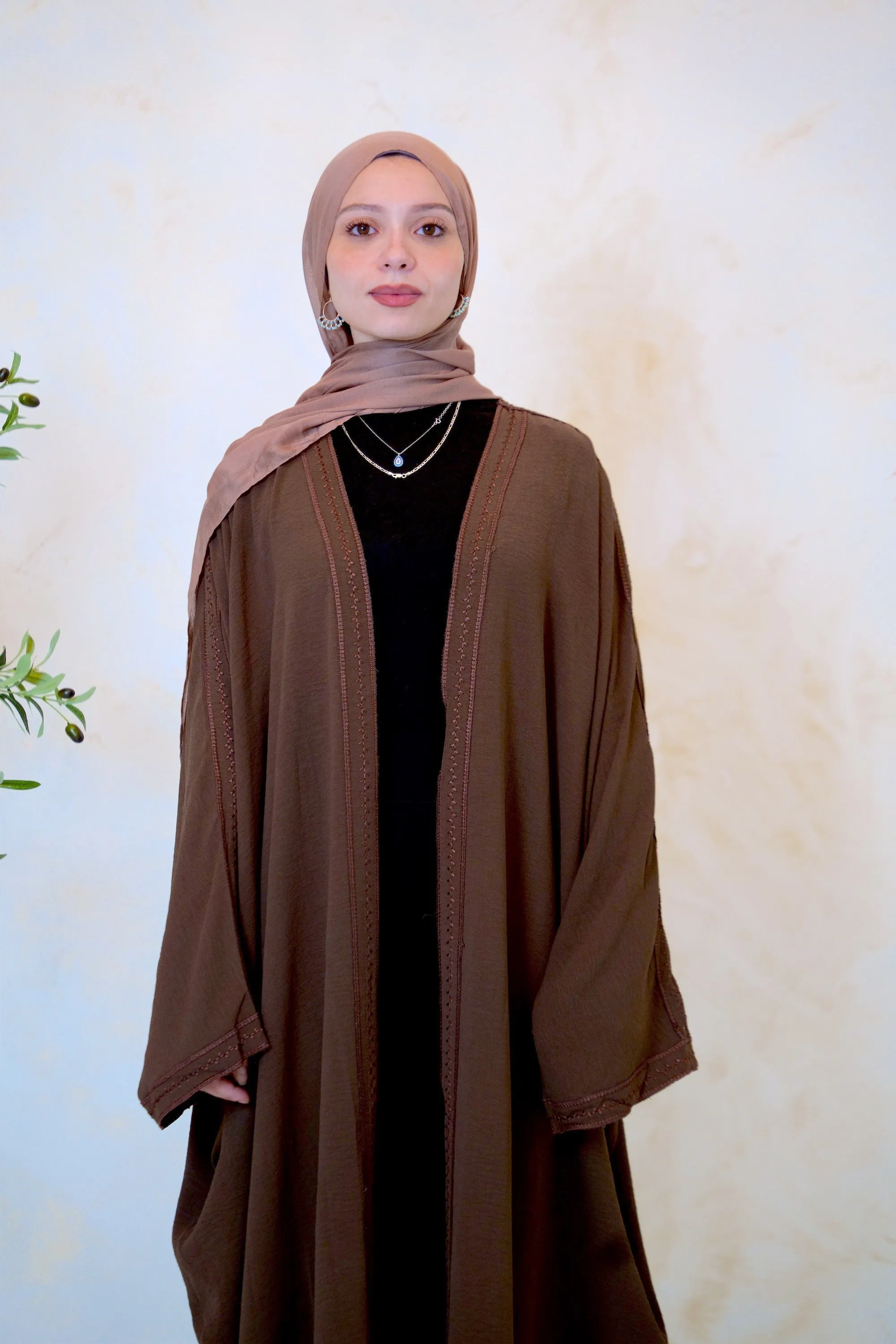 Embroidered Trim Open Front Abaya