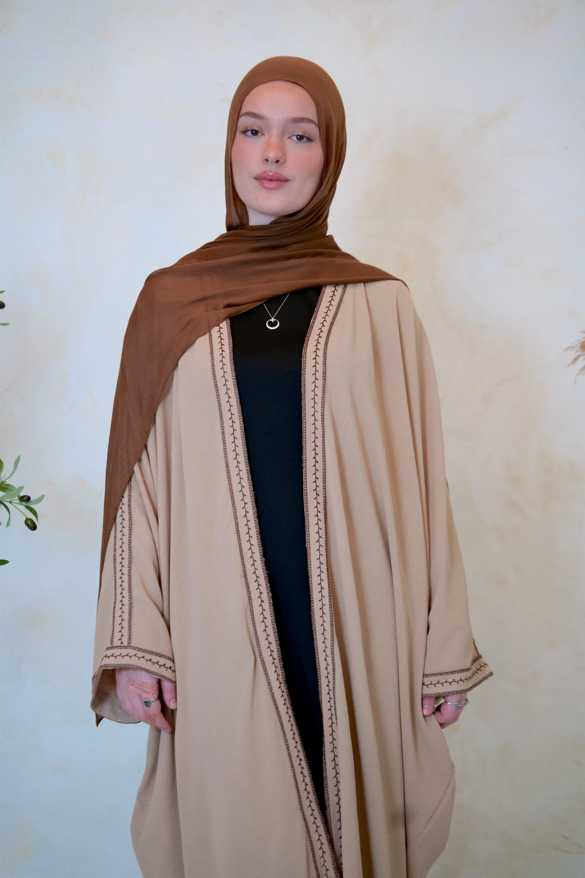 Embroidered Trim Open Front Abaya