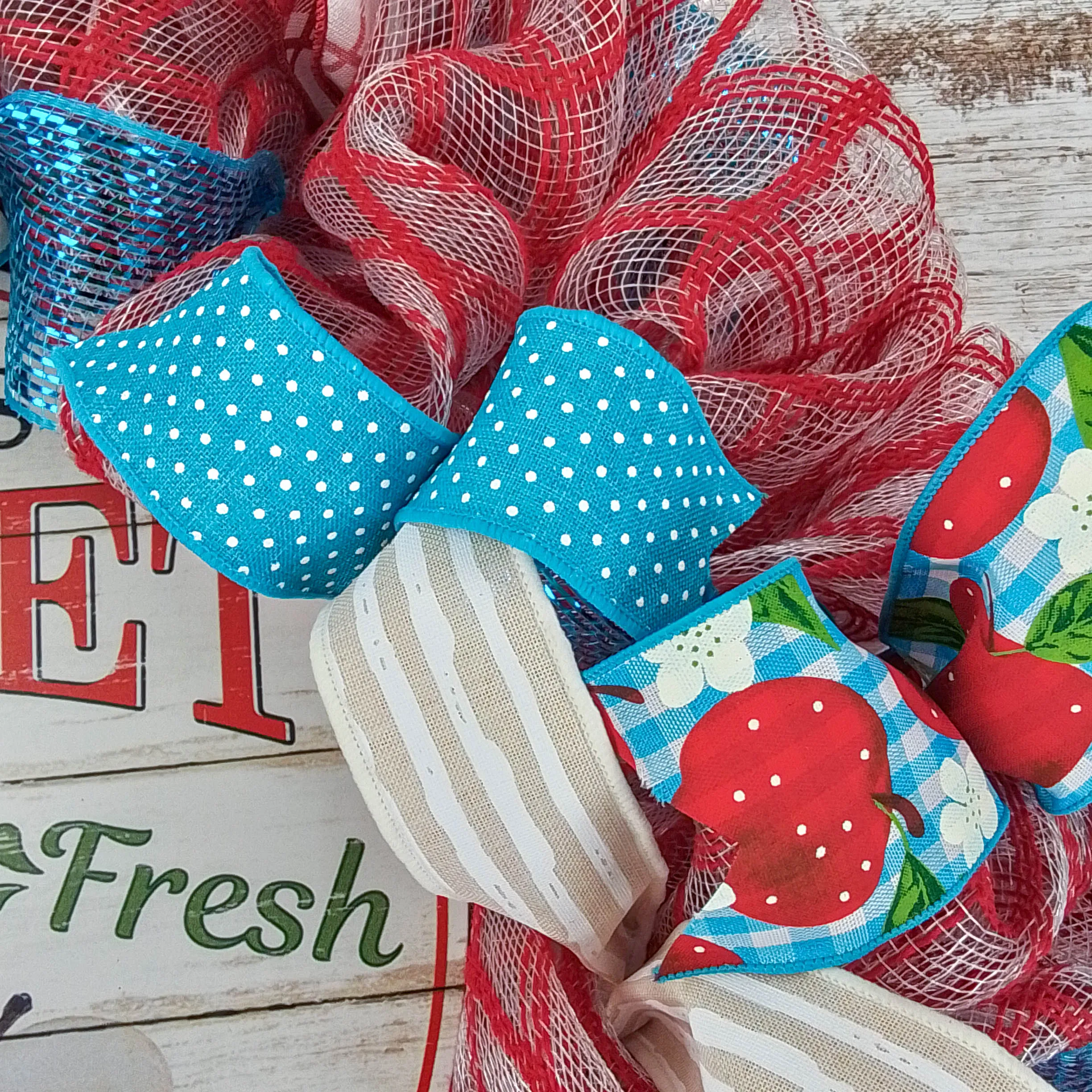 Farmers Market Summer Apple Wreath - Vibrant Red, Turquoise, and White Colors