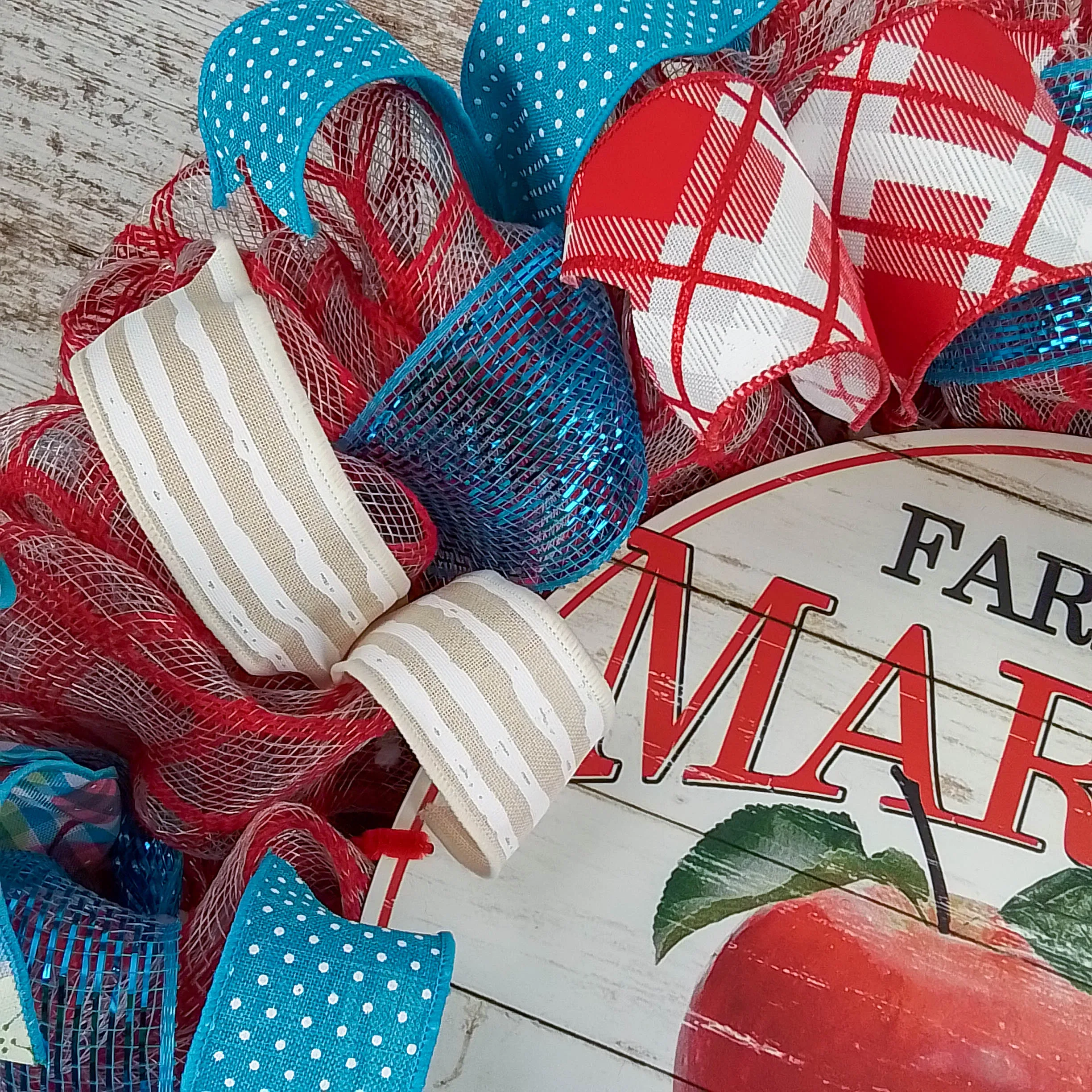 Farmers Market Summer Apple Wreath - Vibrant Red, Turquoise, and White Colors