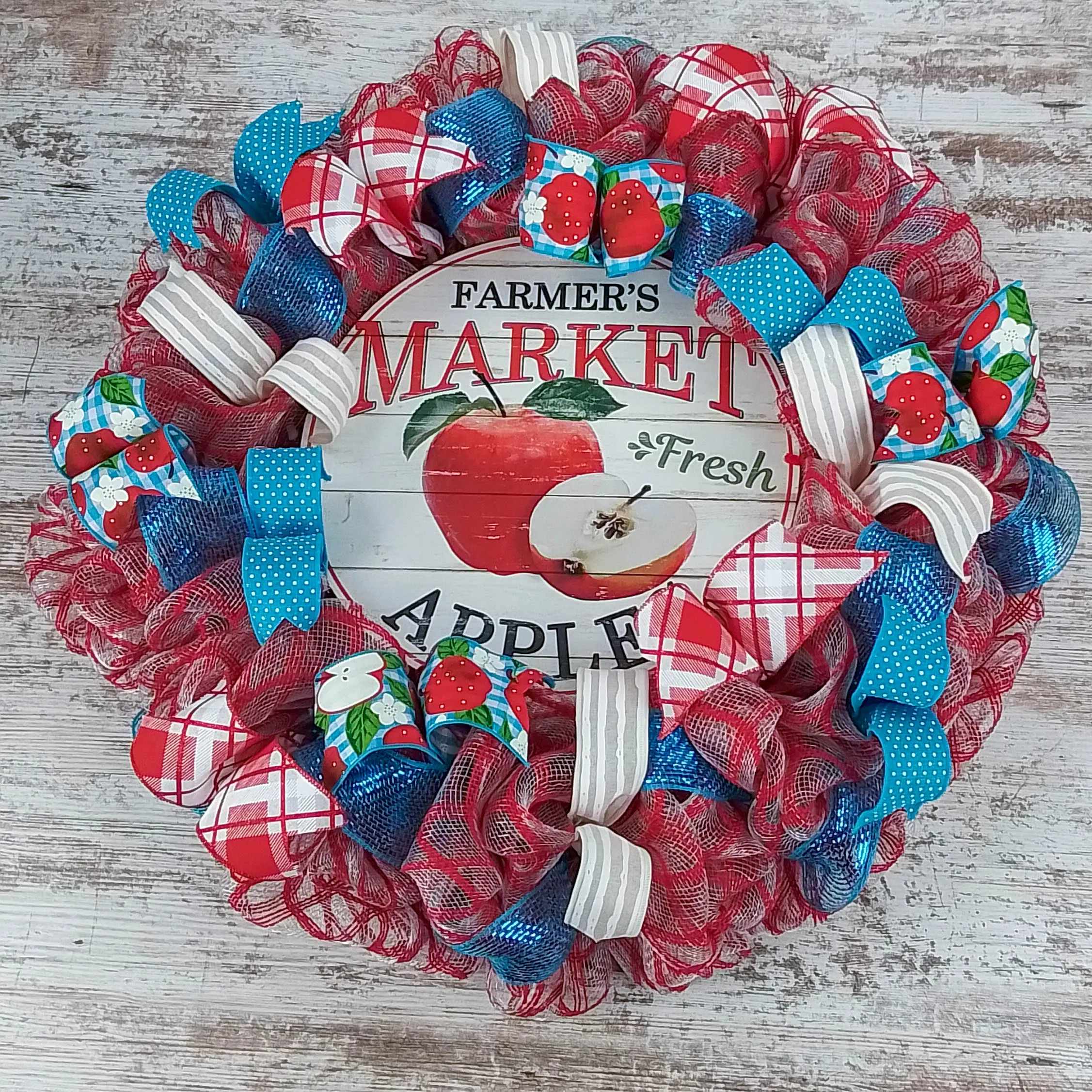 Farmers Market Summer Apple Wreath - Vibrant Red, Turquoise, and White Colors