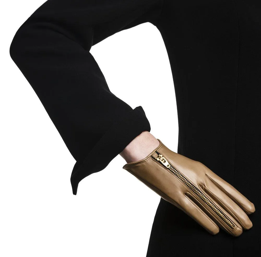 Jacqueline - Women's Silk Lined Leather Gloves with Zip Detail