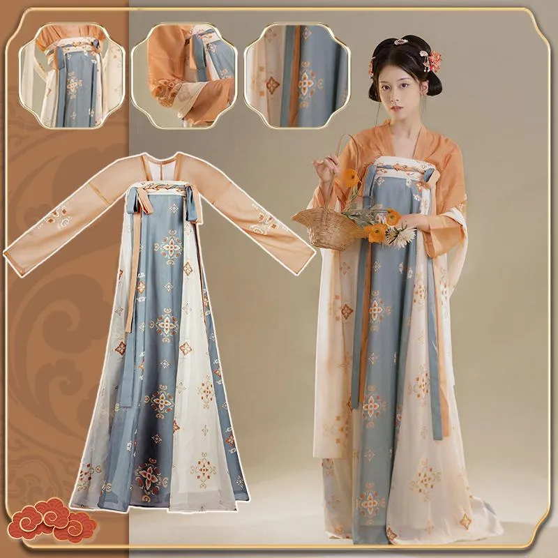 Light Blue and Beige Tang Dynasty Hanfu Dress