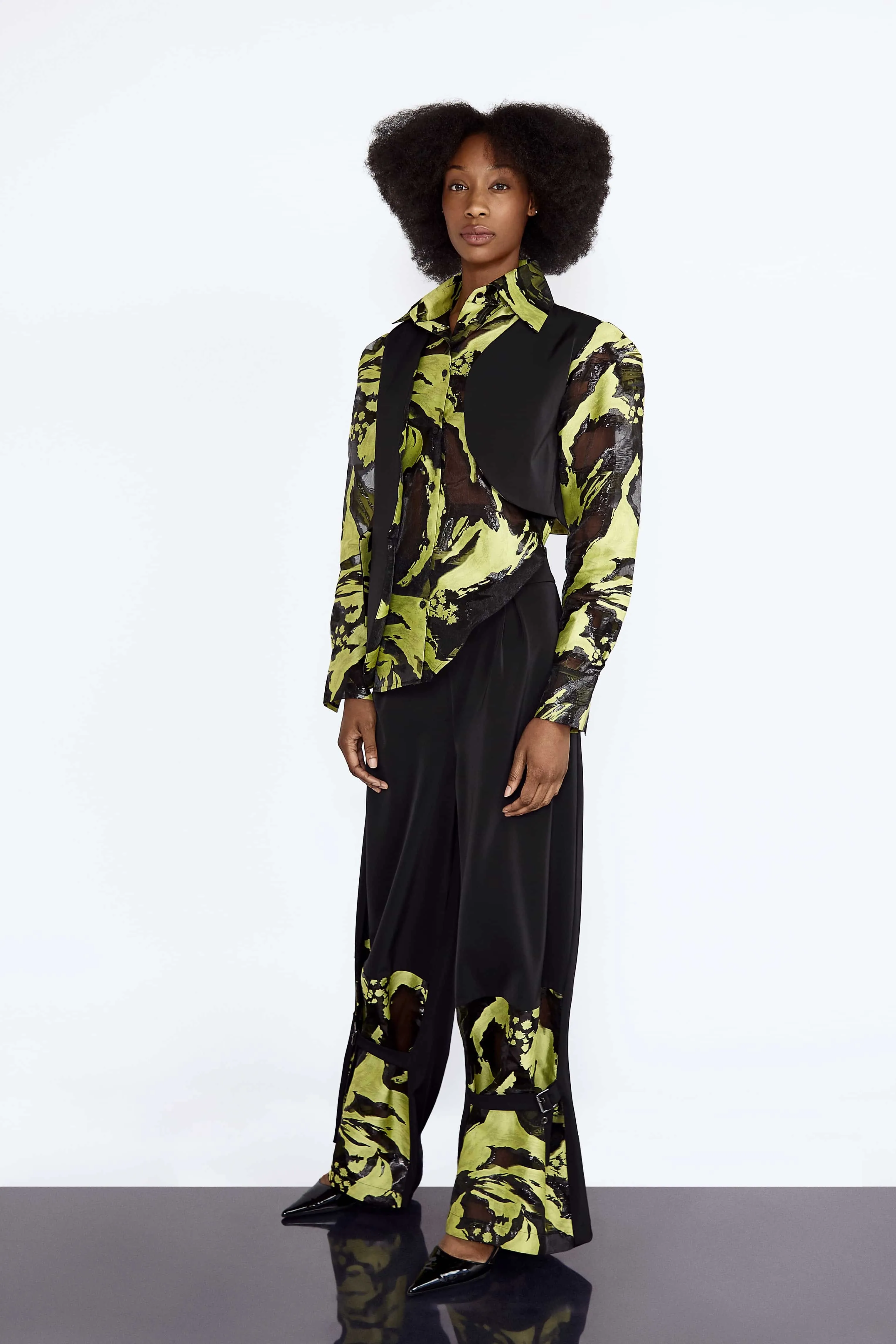 Lime Jacquard Organza Shirt and Trouser Set_Available for pre-order only