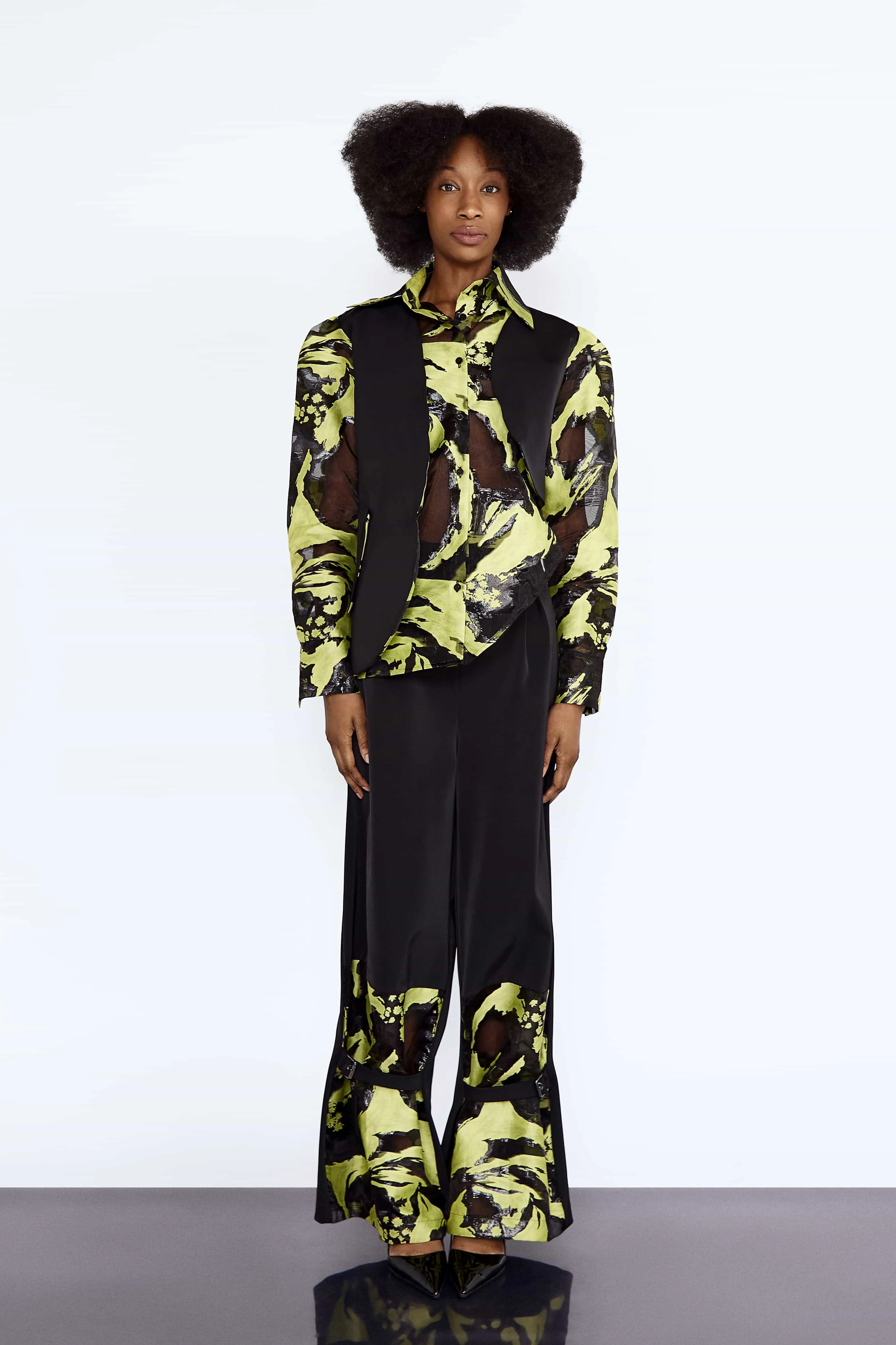 Lime Jacquard Organza Shirt and Trouser Set_Available for pre-order only