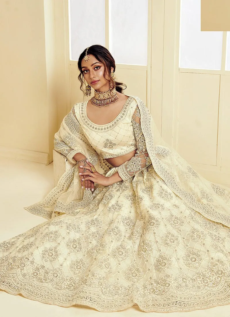 Linen White Pearl Embroidered Wedding Lehenga Choli