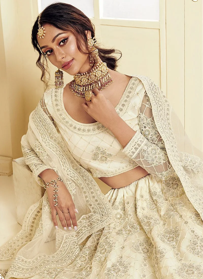 Linen White Pearl Embroidered Wedding Lehenga Choli